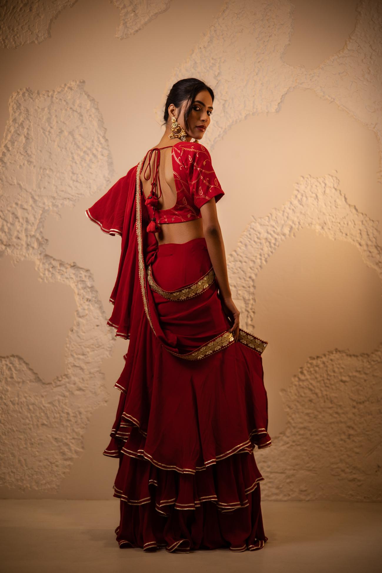Ranrez Pre-Draped Crepe Saree Set