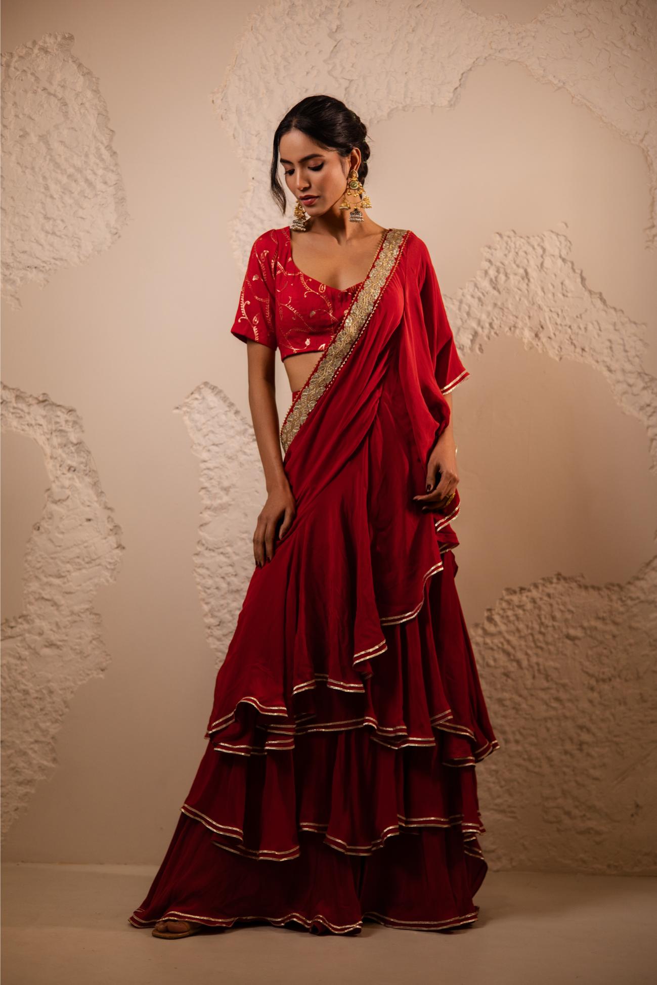 Ranrez Pre-Draped Crepe Saree Set