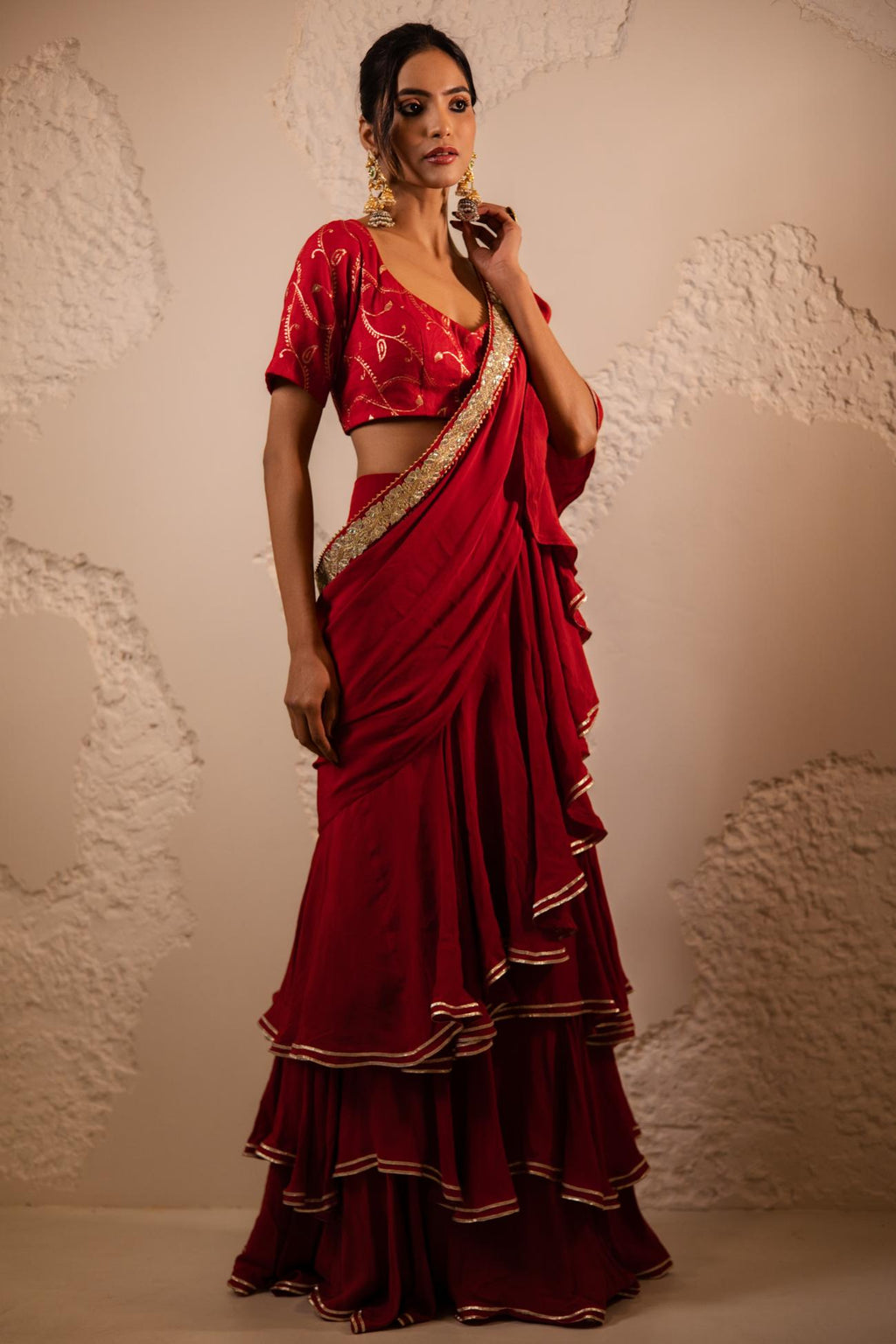 Ranrez Pre-Draped Crepe Saree Set