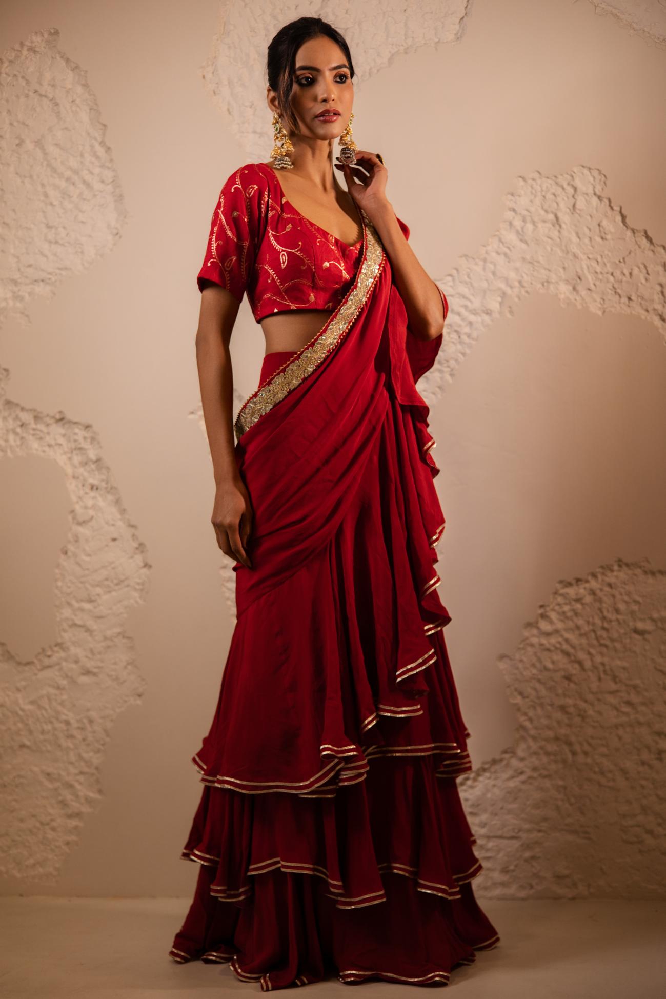 Ranrez Pre-Draped Crepe Saree Set