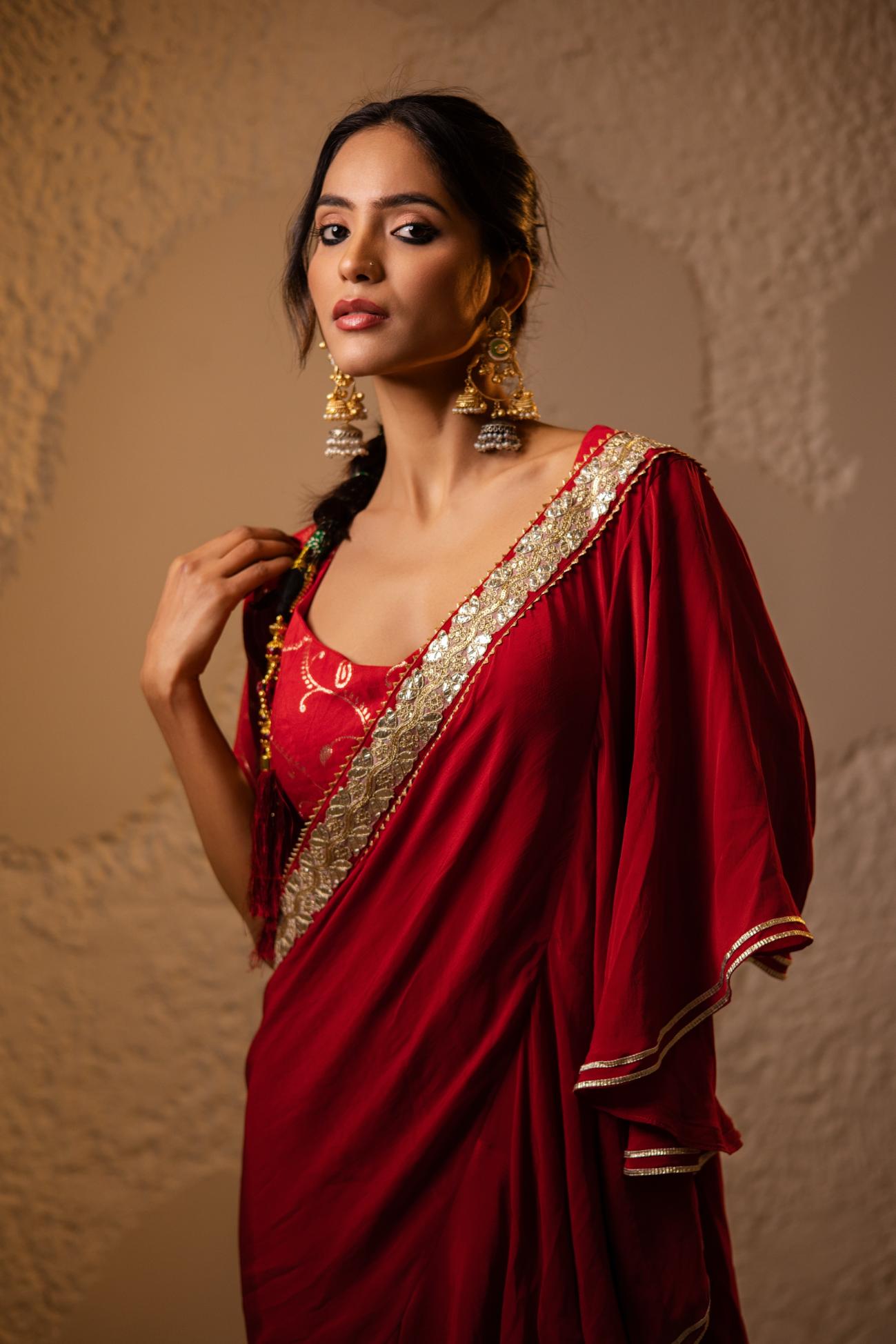 Ranrez Pre-Draped Crepe Saree Set