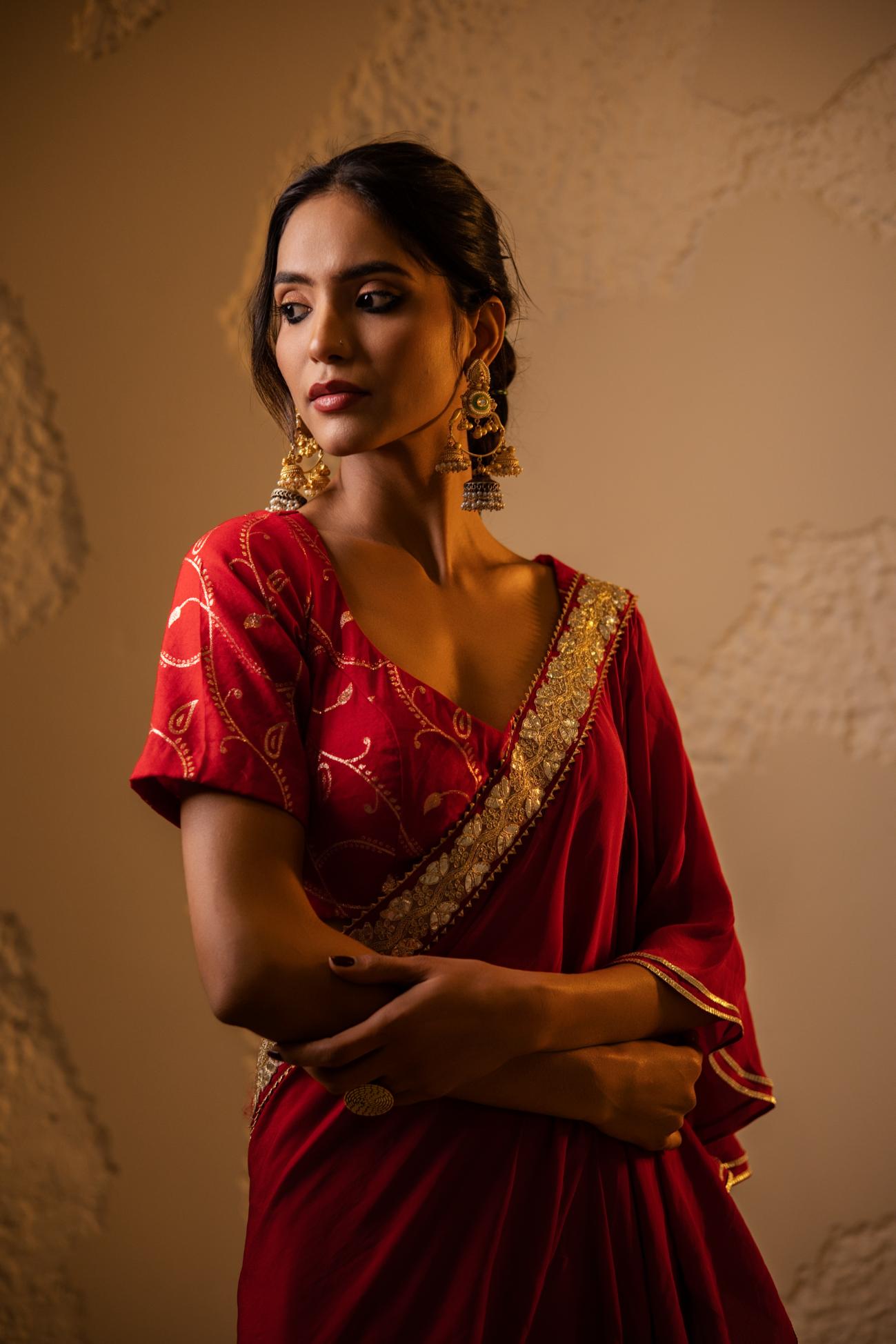 Ranrez Pre-Draped Crepe Saree Set