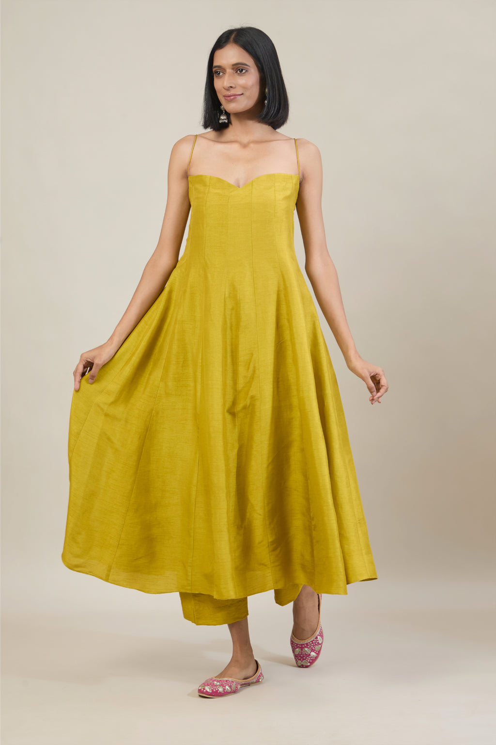 Vanya Soft Lime Yellow Dola Silk Anarkali Set