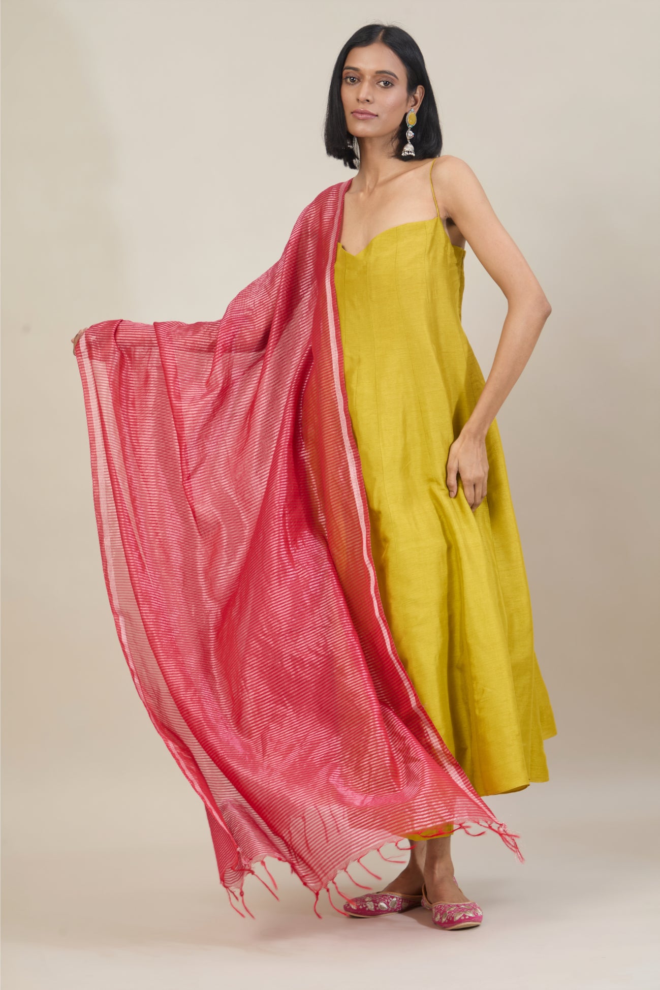 Vanya Soft Lime Yellow Dola Silk Anarkali Set