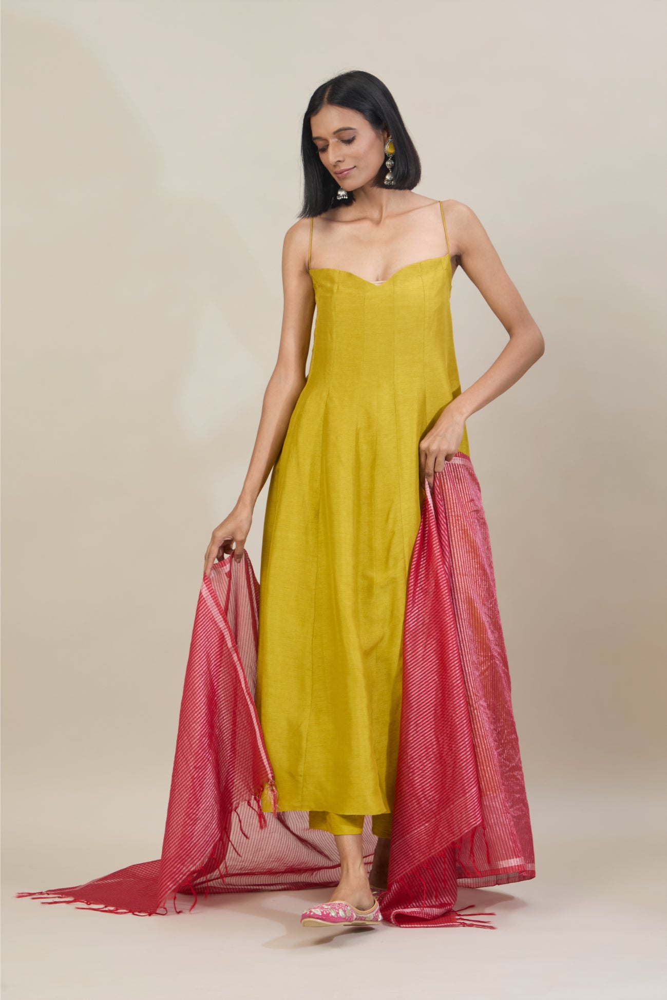 Vanya Soft Lime Yellow Dola Silk Anarkali Set