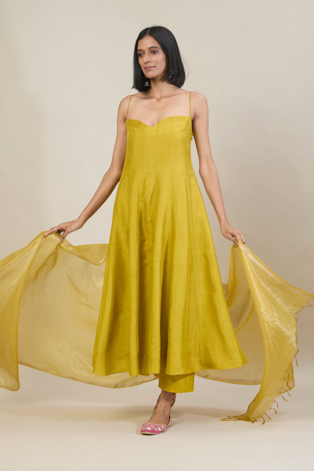 Inara Soft Lime Yellow Dola Silk Anarkali Set