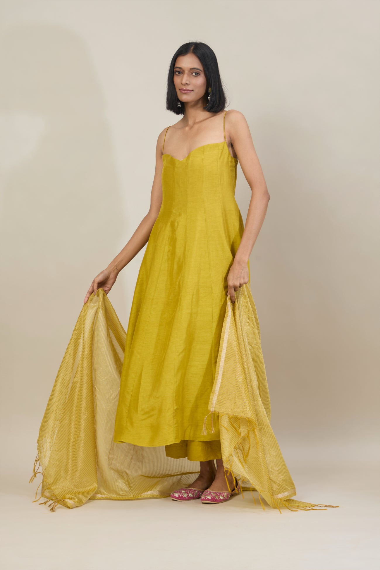 Inara Soft Lime Yellow Dola Silk Anarkali Set