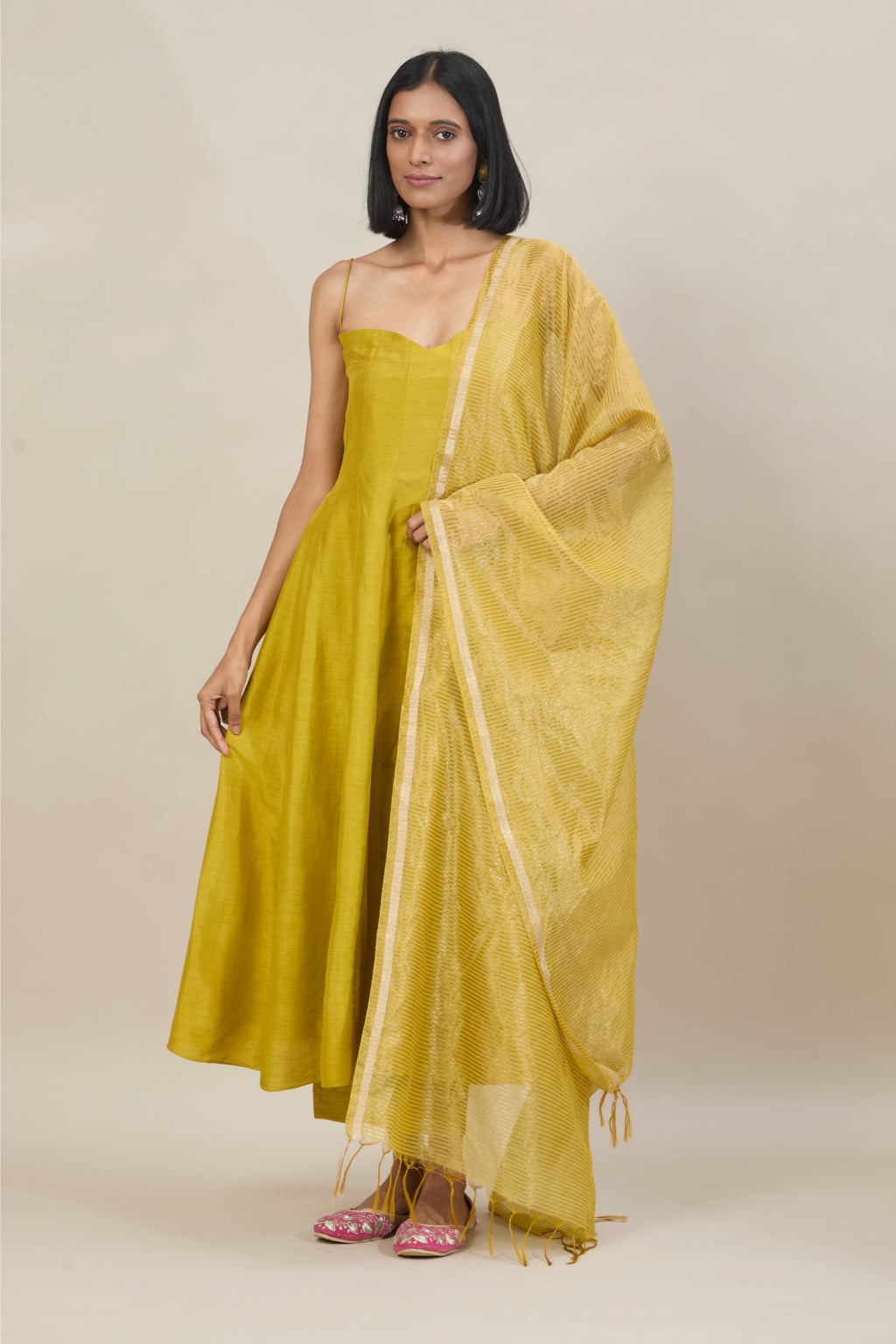 Inara Soft Lime Yellow Dola Silk Anarkali Set