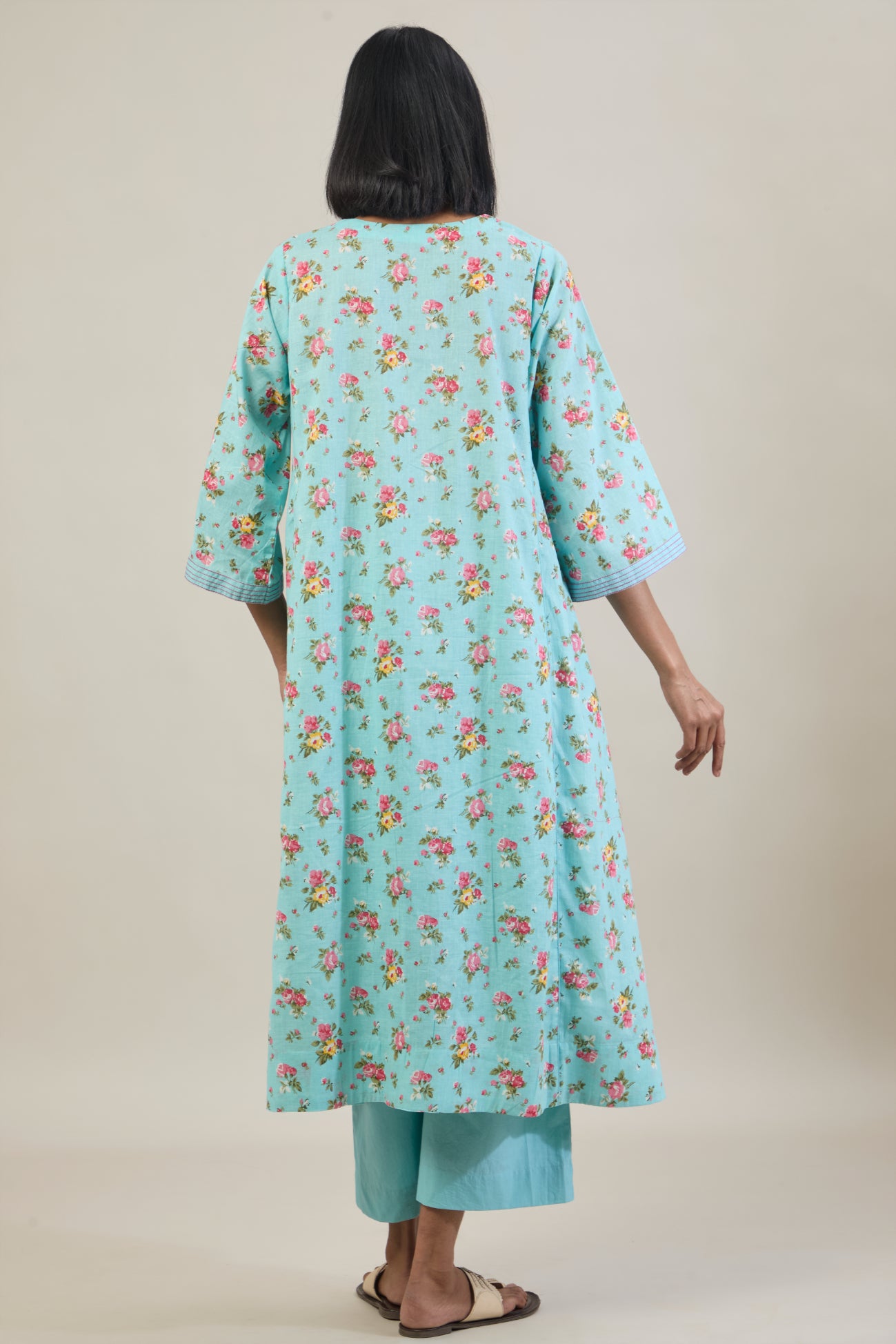 Nirva Light Blue Floral Printed Cotton Kali Kurta Set with dupatta