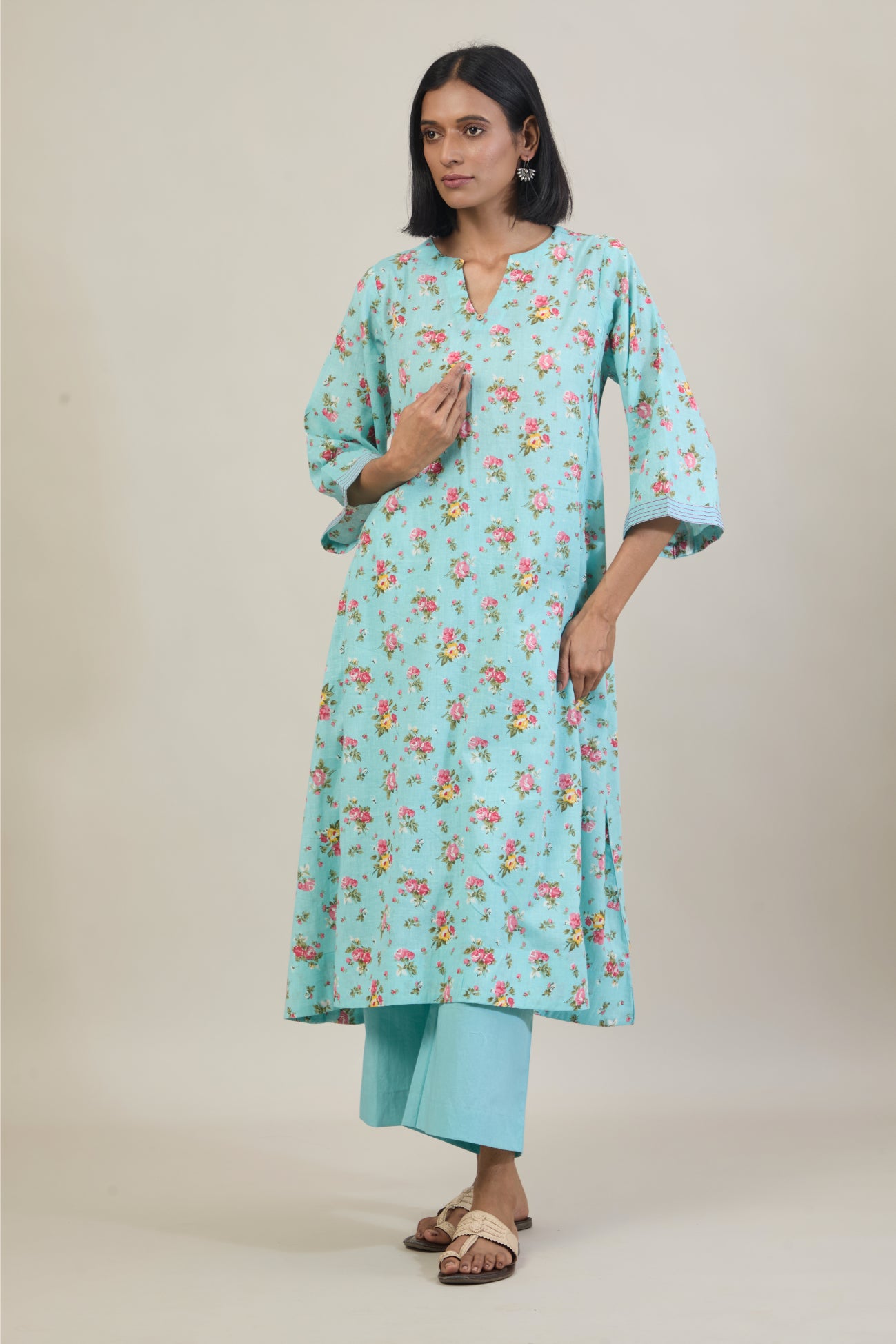 Nirva Light Blue Floral Printed Cotton Kali Kurta Set with dupatta