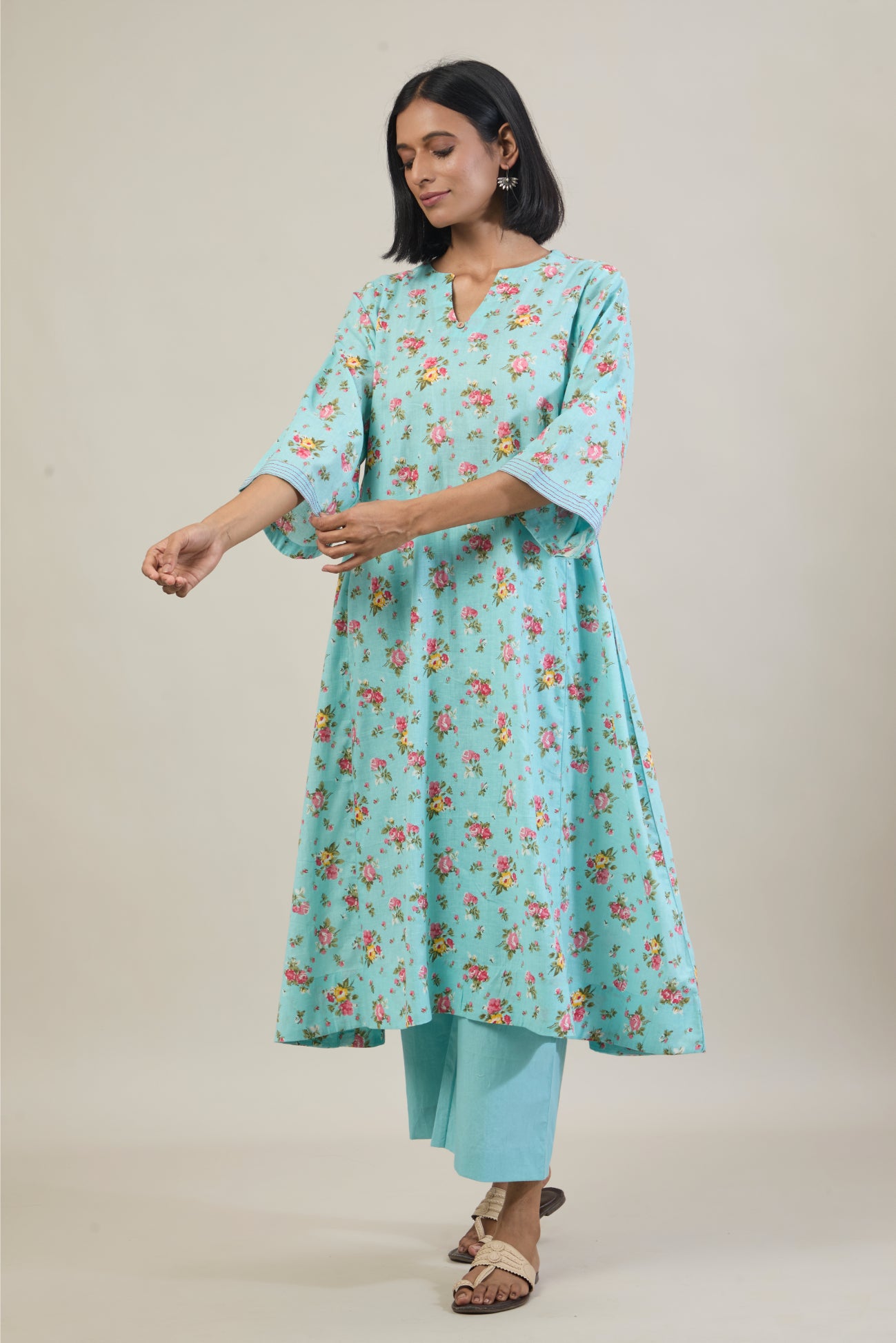 Nirva Light Blue Floral Printed Cotton Kali Kurta Set with dupatta