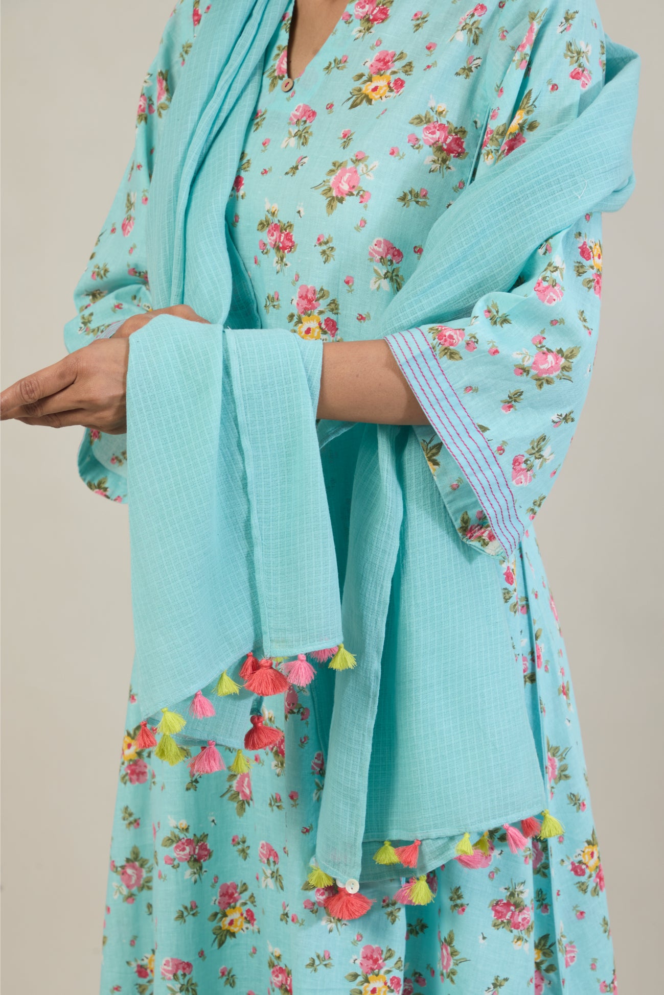 Nirva Light Blue Floral Printed Cotton Kali Kurta Set with dupatta