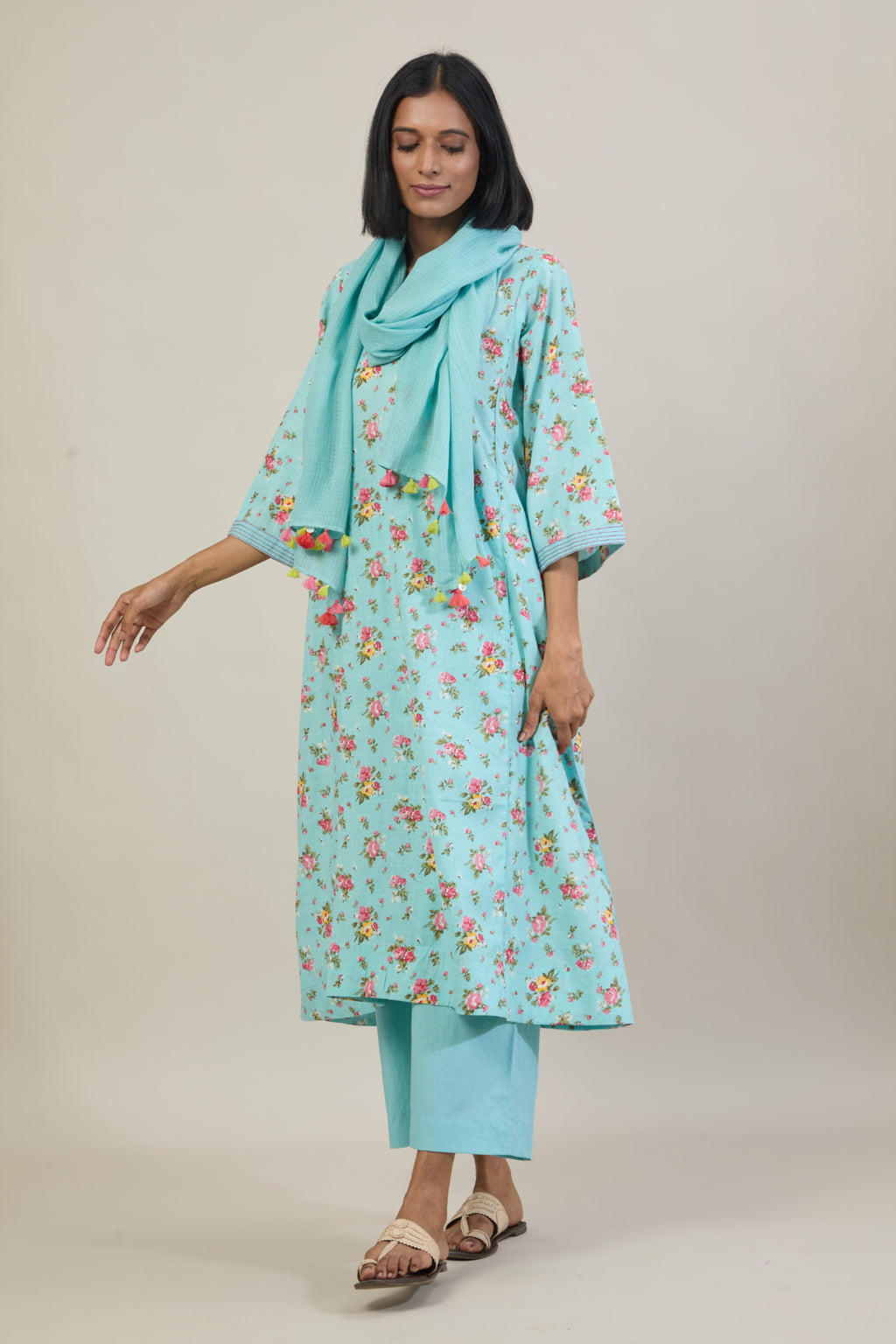 Nirva Light Blue Floral Printed Cotton Kali Kurta Set with dupatta