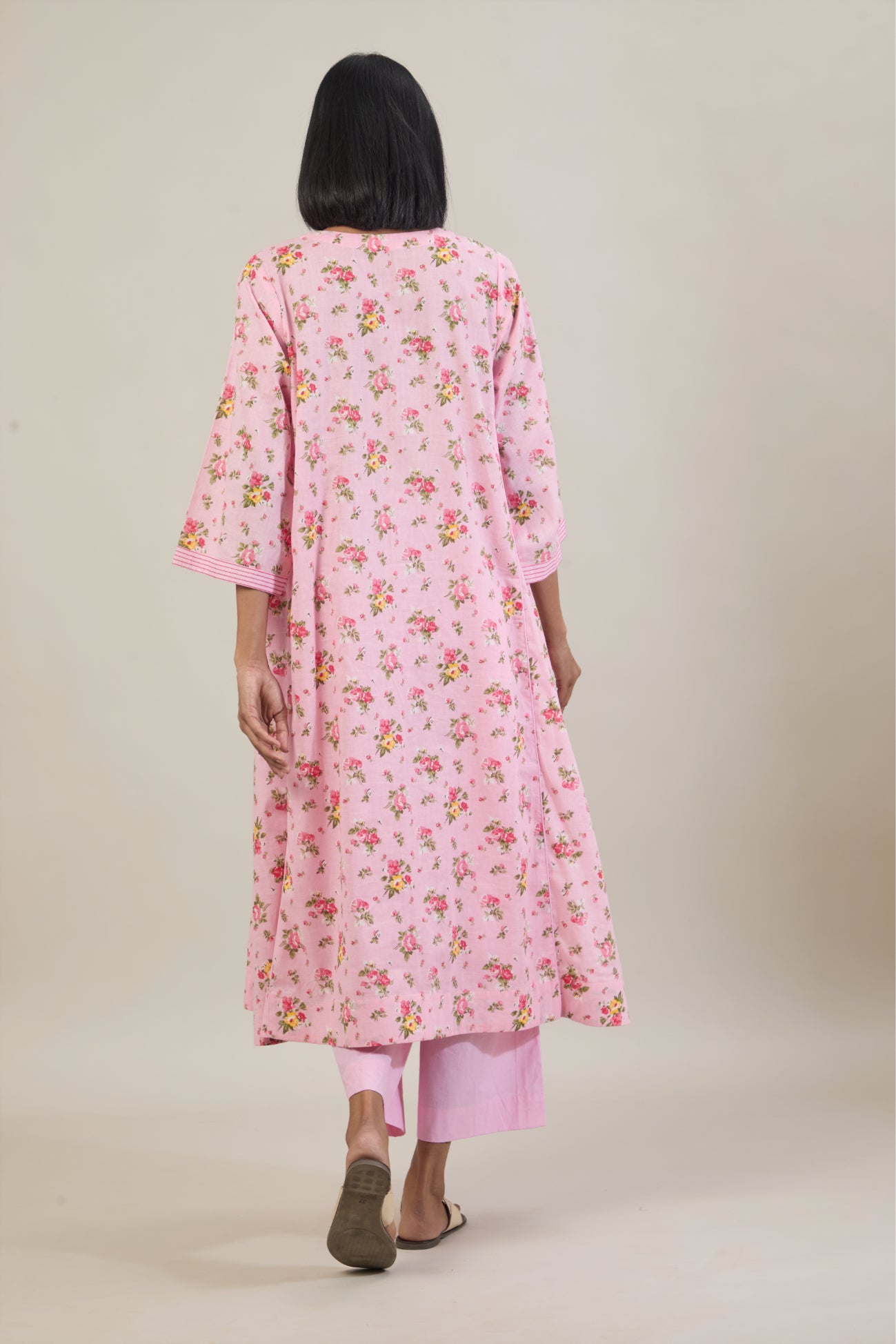 Laya Light Pink Floral Printed Cotton Kali Kurta Set with dupatta