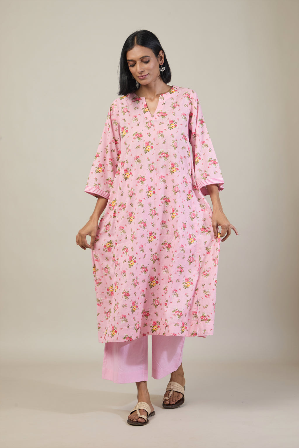 Laya Light Pink Floral Printed Cotton Kali Kurta Set with dupatta