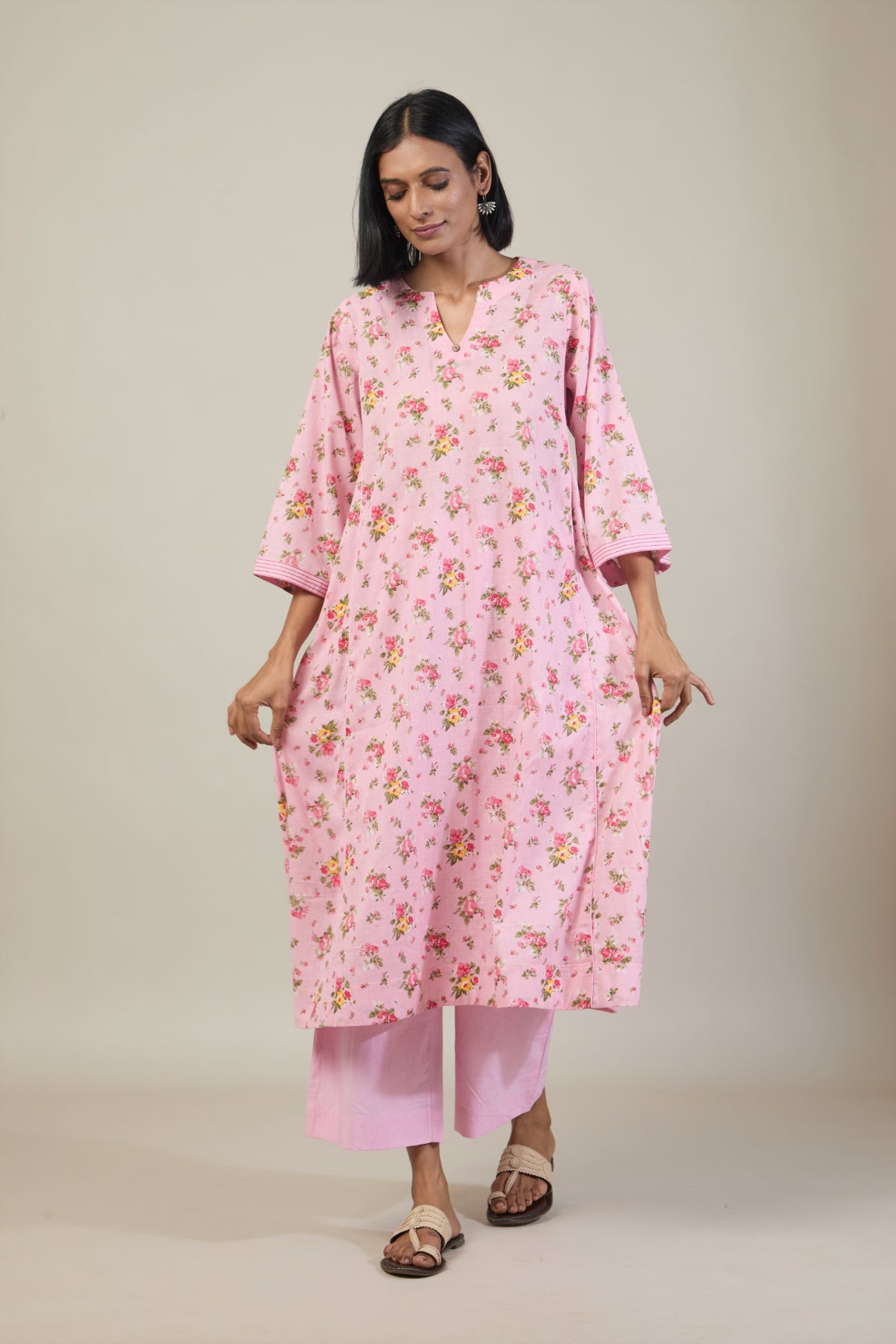 Laya Light Pink Floral Printed Cotton Kali Kurta Set with dupatta