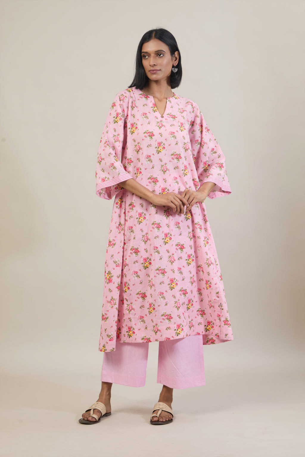 Laya Light Pink Floral Printed Cotton Kali Kurta Set with dupatta