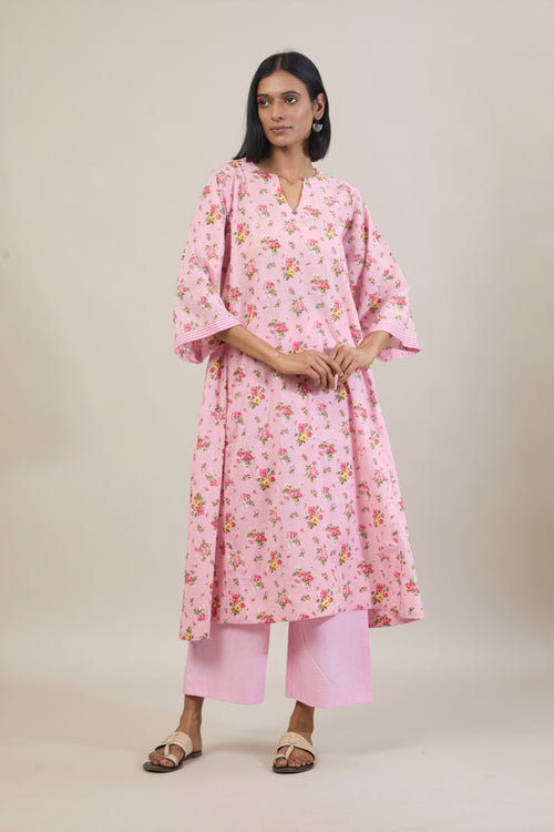Laya Light Pink Floral Printed Cotton Kali Kurta Set with dupatta