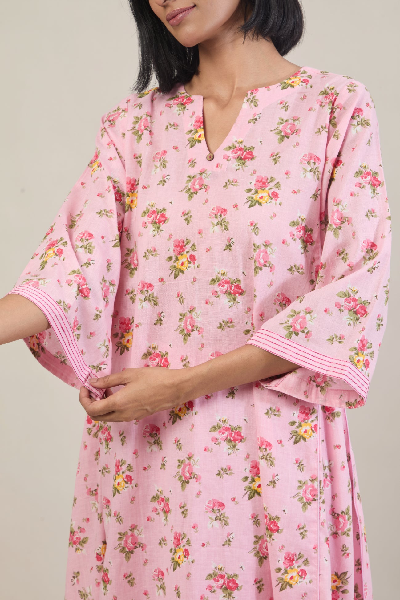 Laya Light Pink Floral Printed Cotton Kali Kurta Set with dupatta