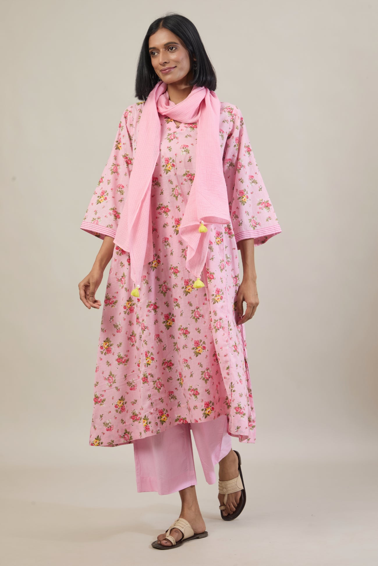 Laya Light Pink Floral Printed Cotton Kali Kurta Set with dupatta