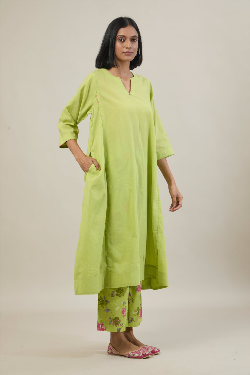 Rahi Bright Green Printed Cotton Kali Kurta Set with dupatta
