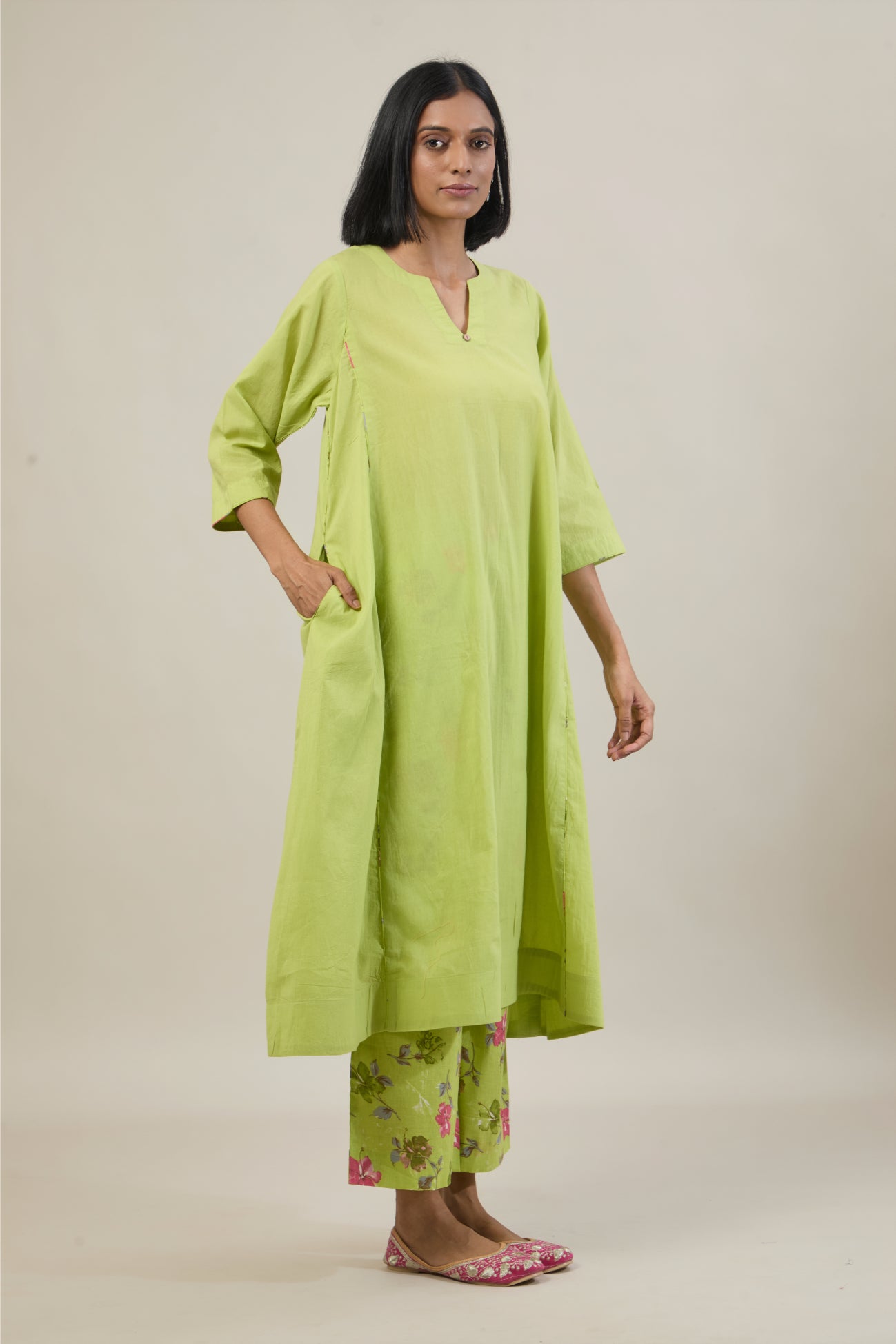 Rahi Bright Green Printed Cotton Kali Kurta Set with dupatta