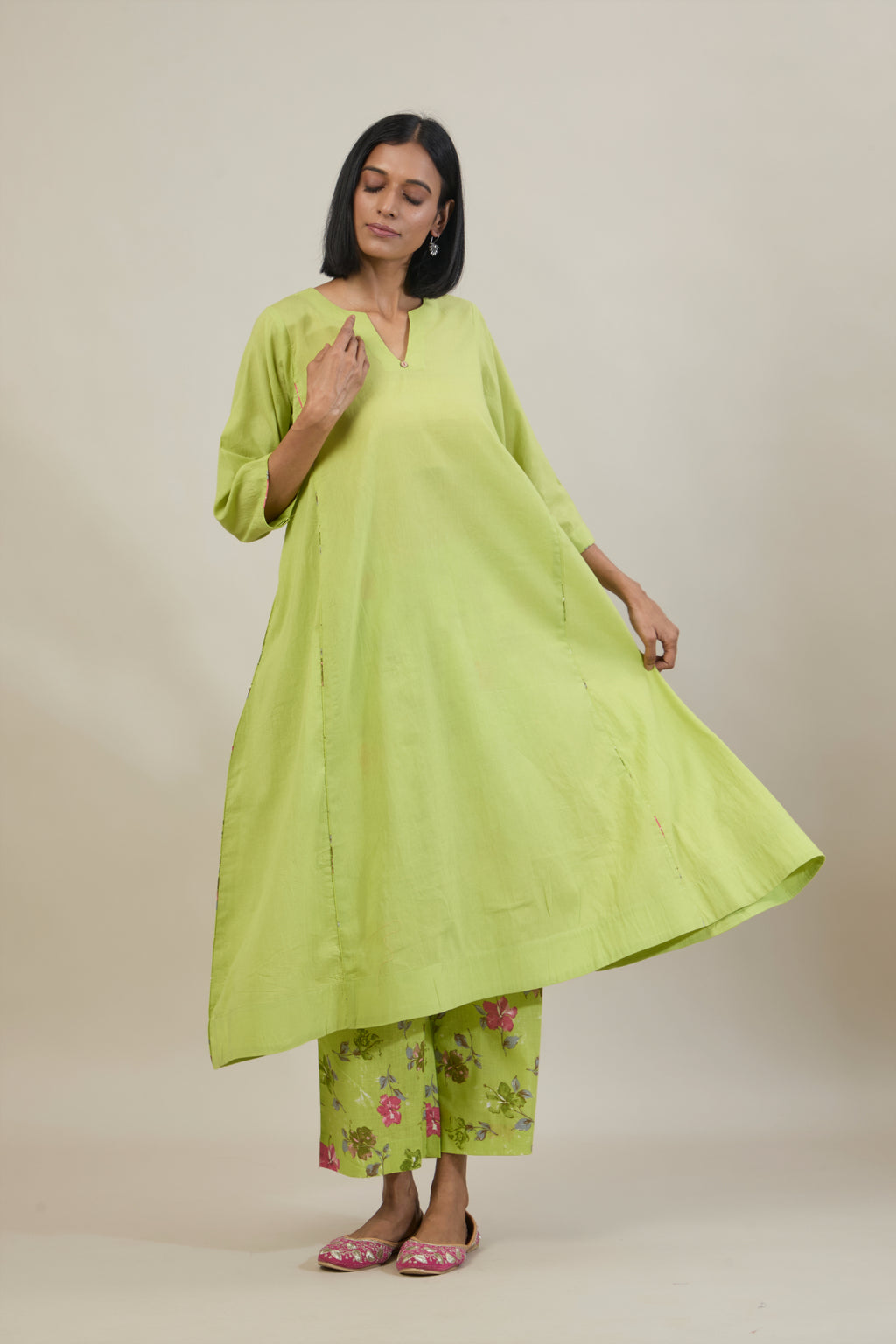 Rahi Bright Green Printed Cotton Kali Kurta Set with dupatta