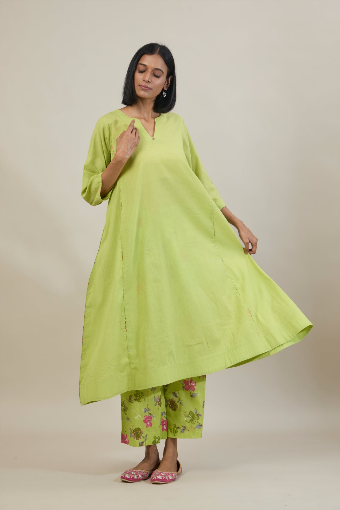 Rahi Bright Green Printed Cotton Kali Kurta Set with dupatta