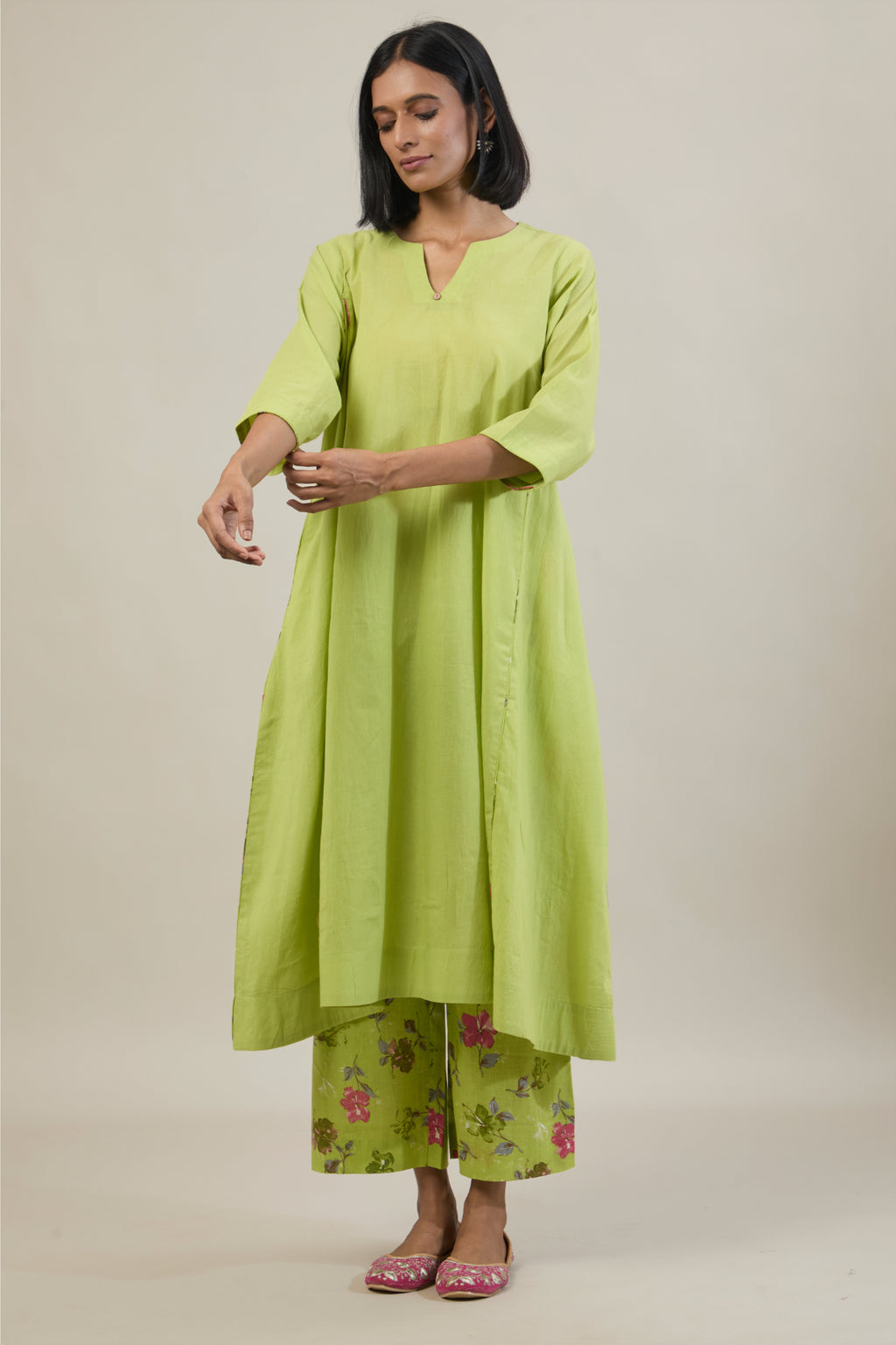 Rahi Bright Green Printed Cotton Kali Kurta Set with dupatta