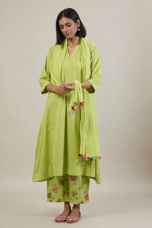 Rahi Bright Green Printed Cotton Kali Kurta Set with dupatta