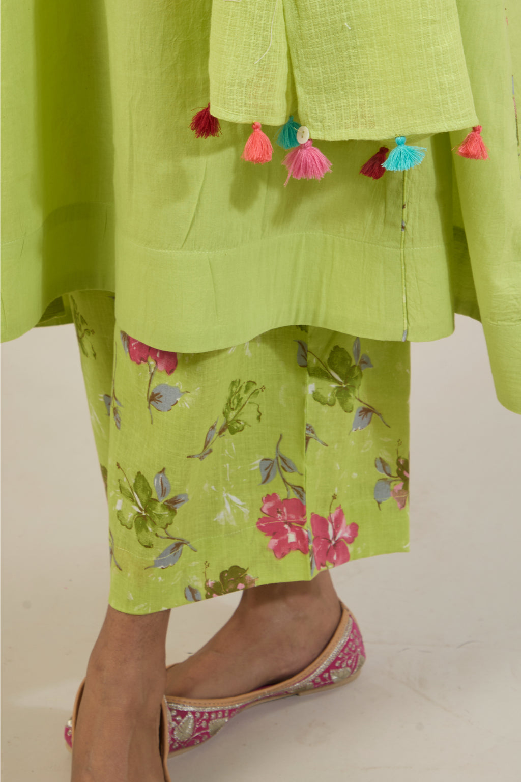 Rahi Bright Green Printed Cotton Kali Kurta Set with dupatta