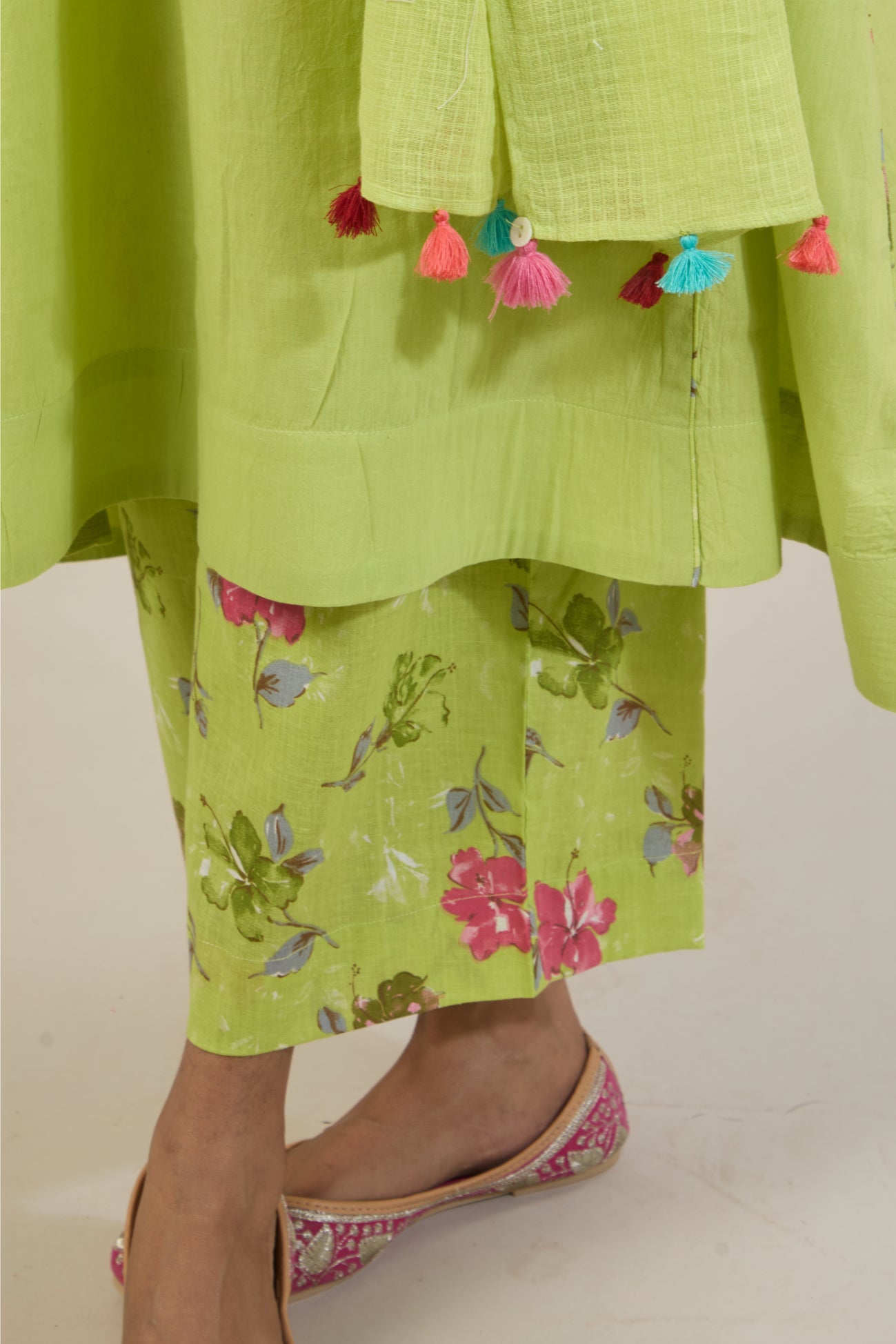 Rahi Bright Green Printed Cotton Kali Kurta Set with dupatta