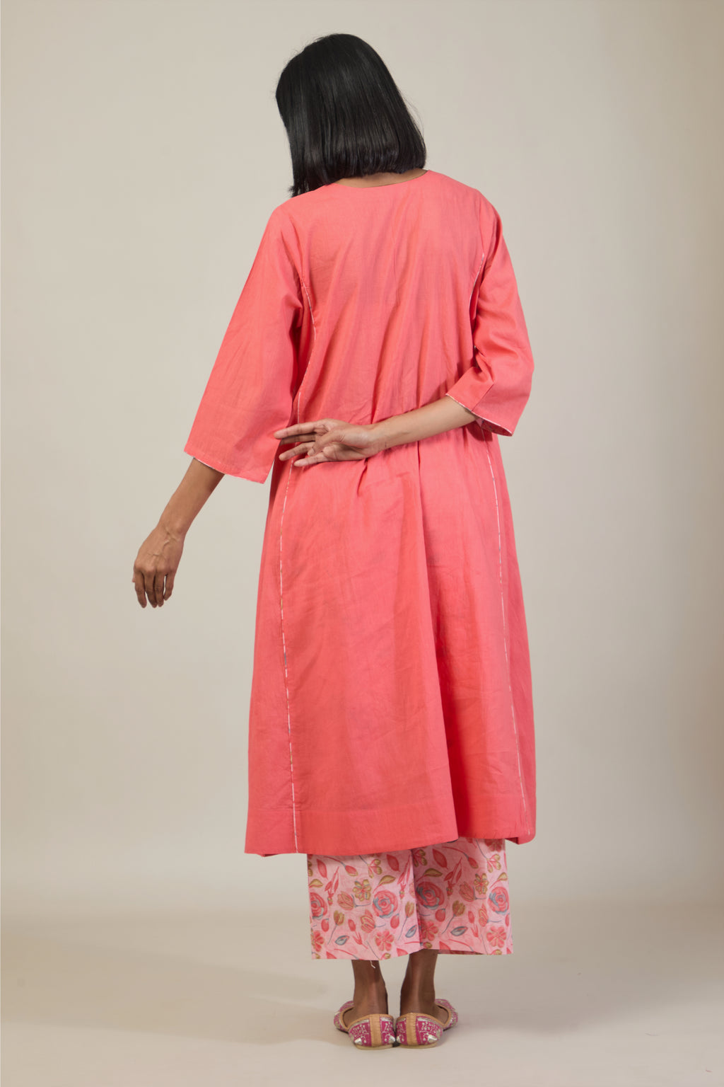 Gati Peach Printed Cotton Kali Kurta Set with dupatta
