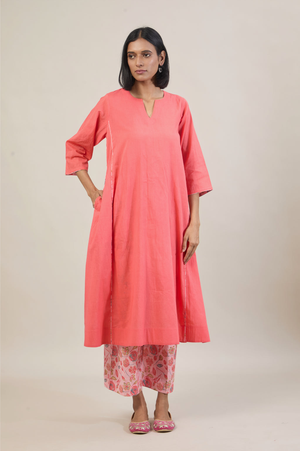Gati Peach Printed Cotton Kali Kurta Set with dupatta
