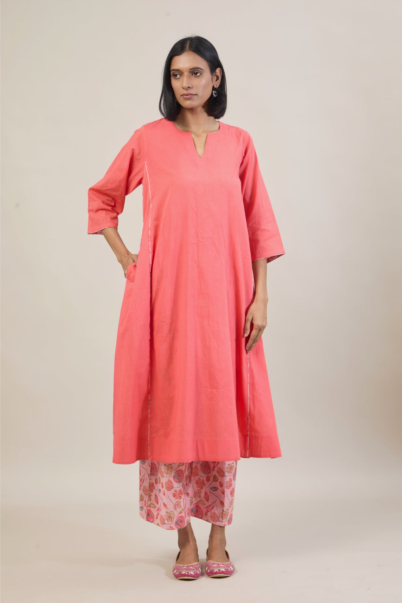 Gati Peach Printed Cotton Kali Kurta Set with dupatta