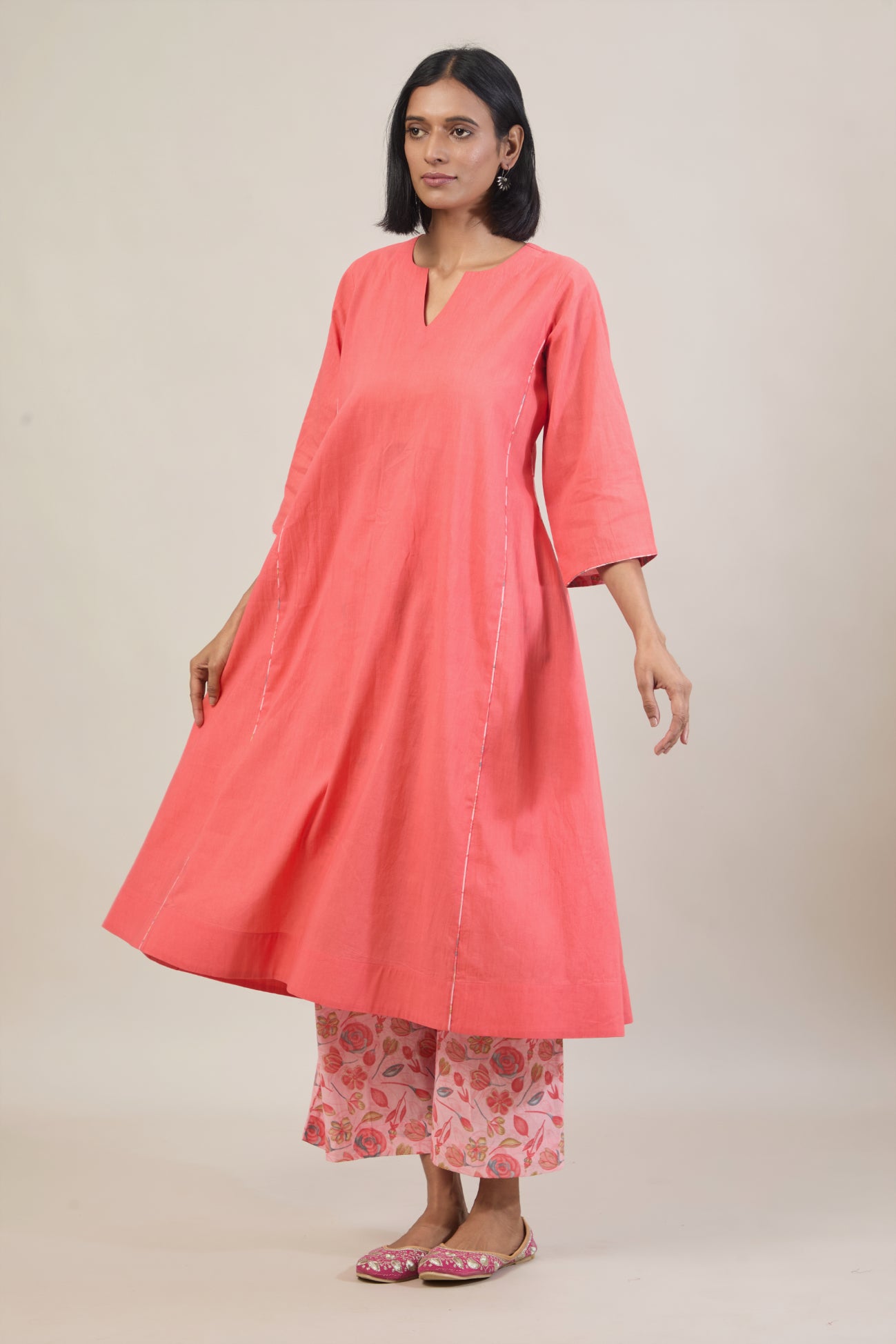 Gati Peach Printed Cotton Kali Kurta Set with dupatta
