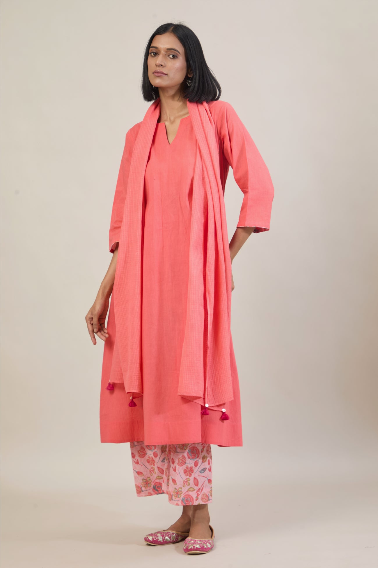 Gati Peach Printed Cotton Kali Kurta Set with dupatta