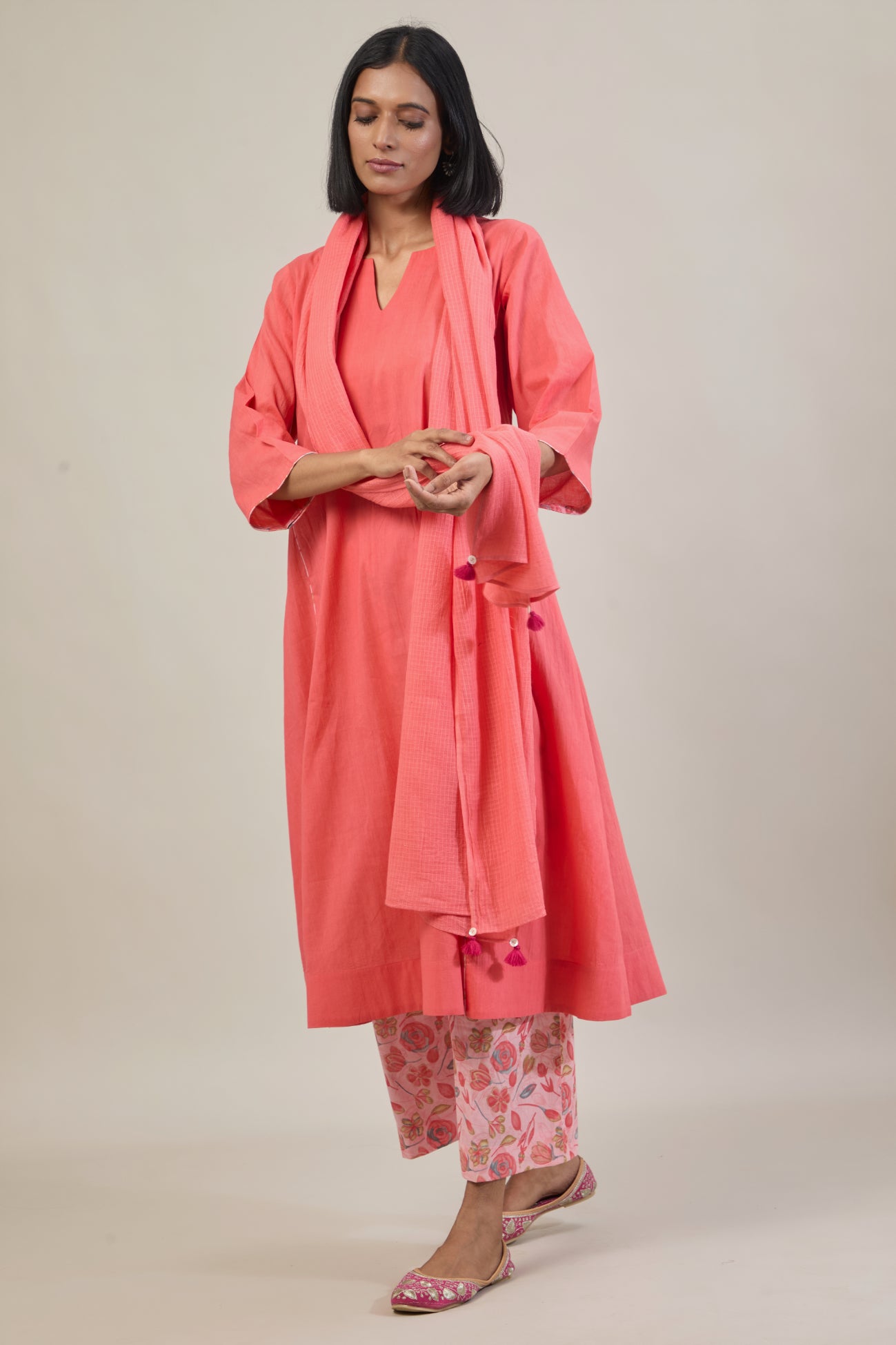 Gati Peach Printed Cotton Kali Kurta Set with dupatta