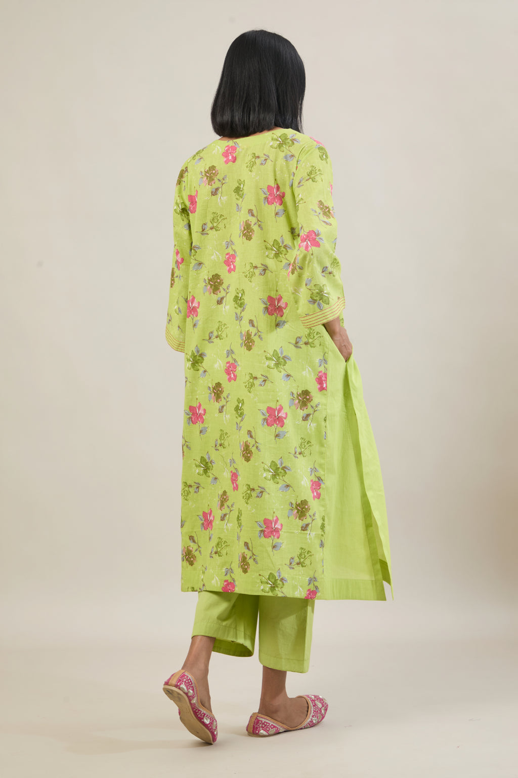 Neer Bright Green Printed Cotton Kali Kurta Set