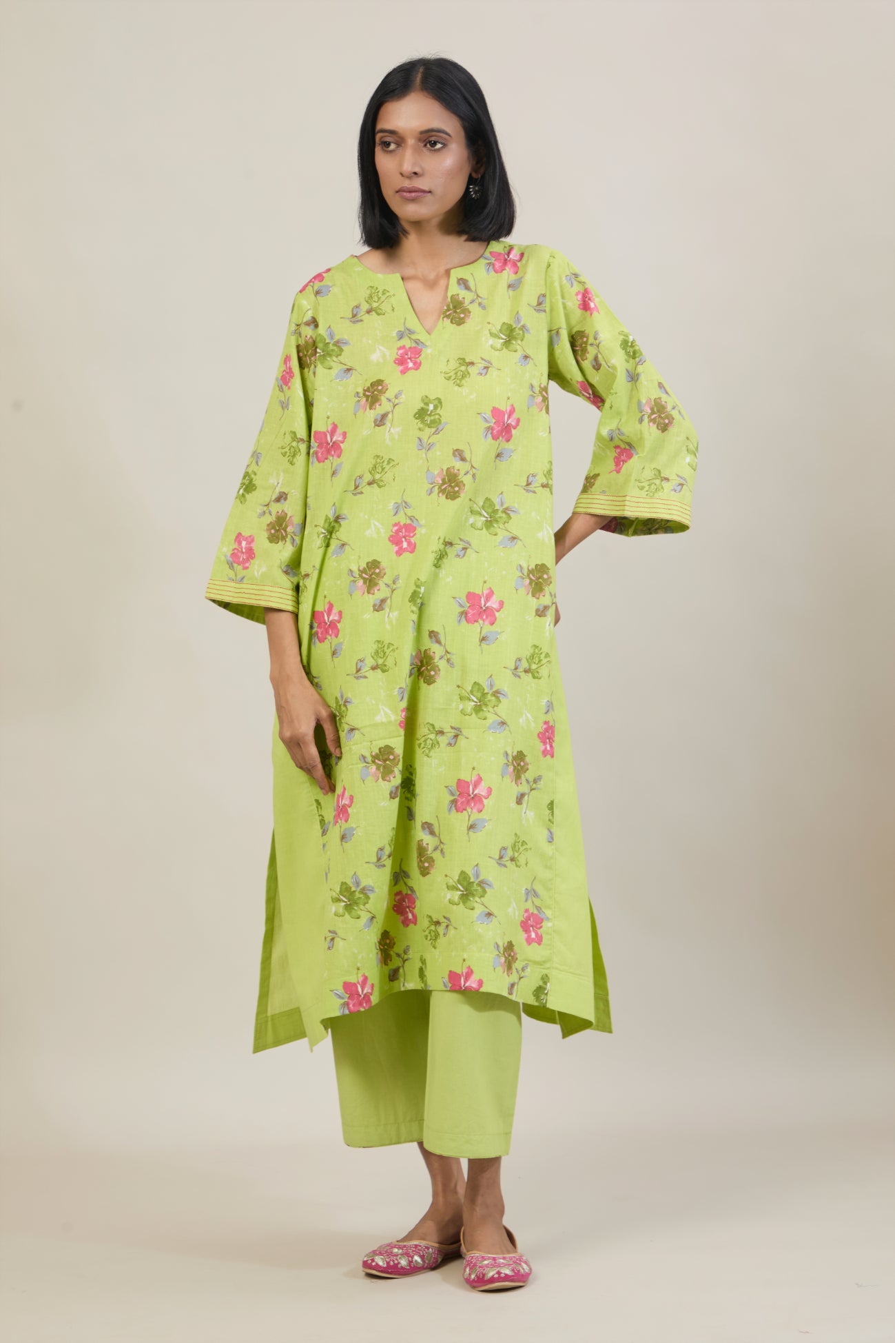 Neer Bright Green Printed Cotton Kali Kurta Set