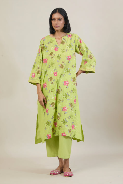 Neer Bright Green Printed Cotton Kali Kurta Set