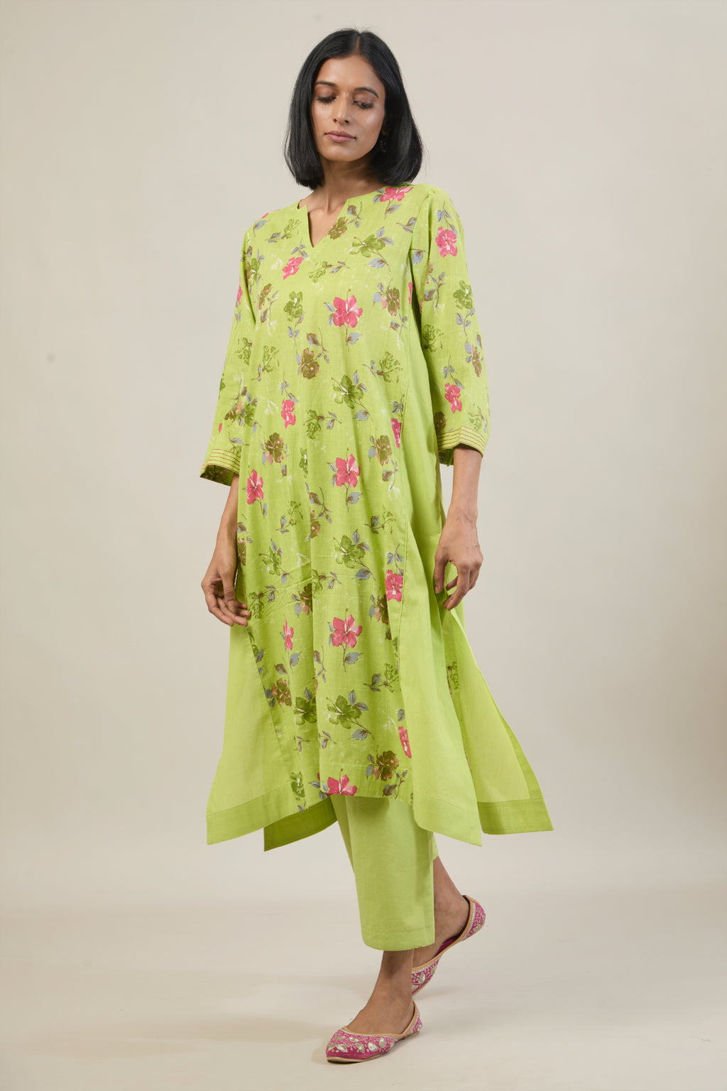 Neer Bright Green Printed Cotton Kali Kurta Set
