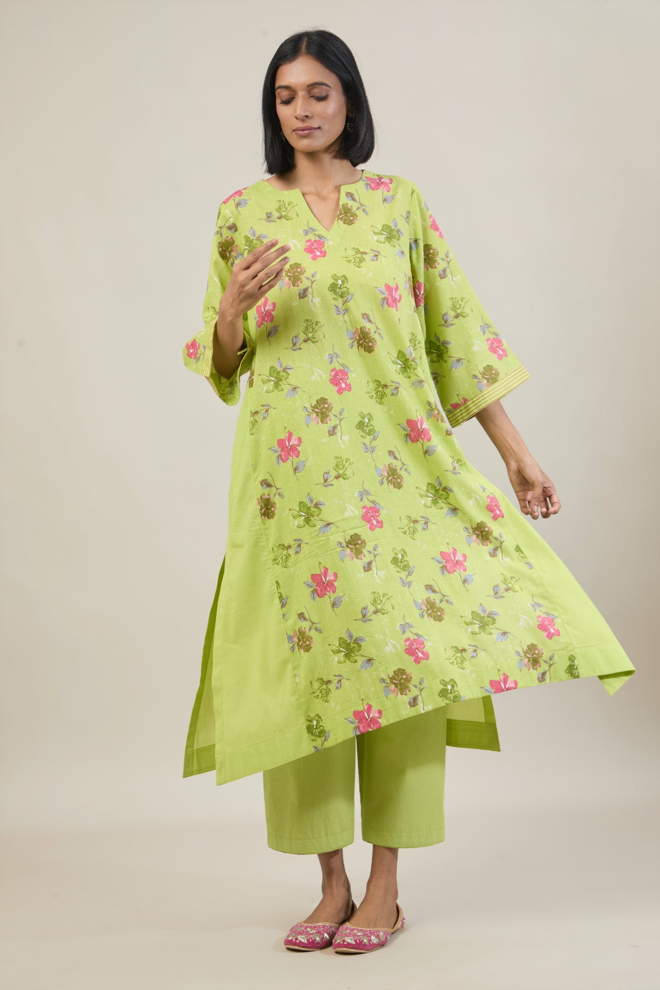 Neer Bright Green Printed Cotton Kali Kurta Set