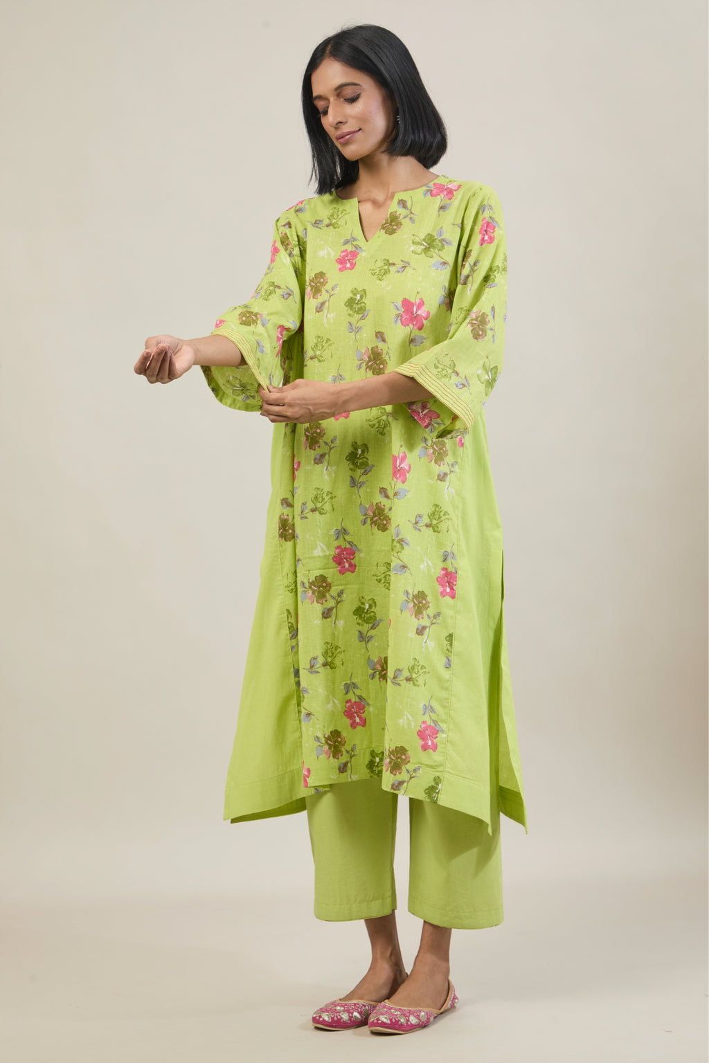 Neer Bright Green Printed Cotton Kali Kurta Set