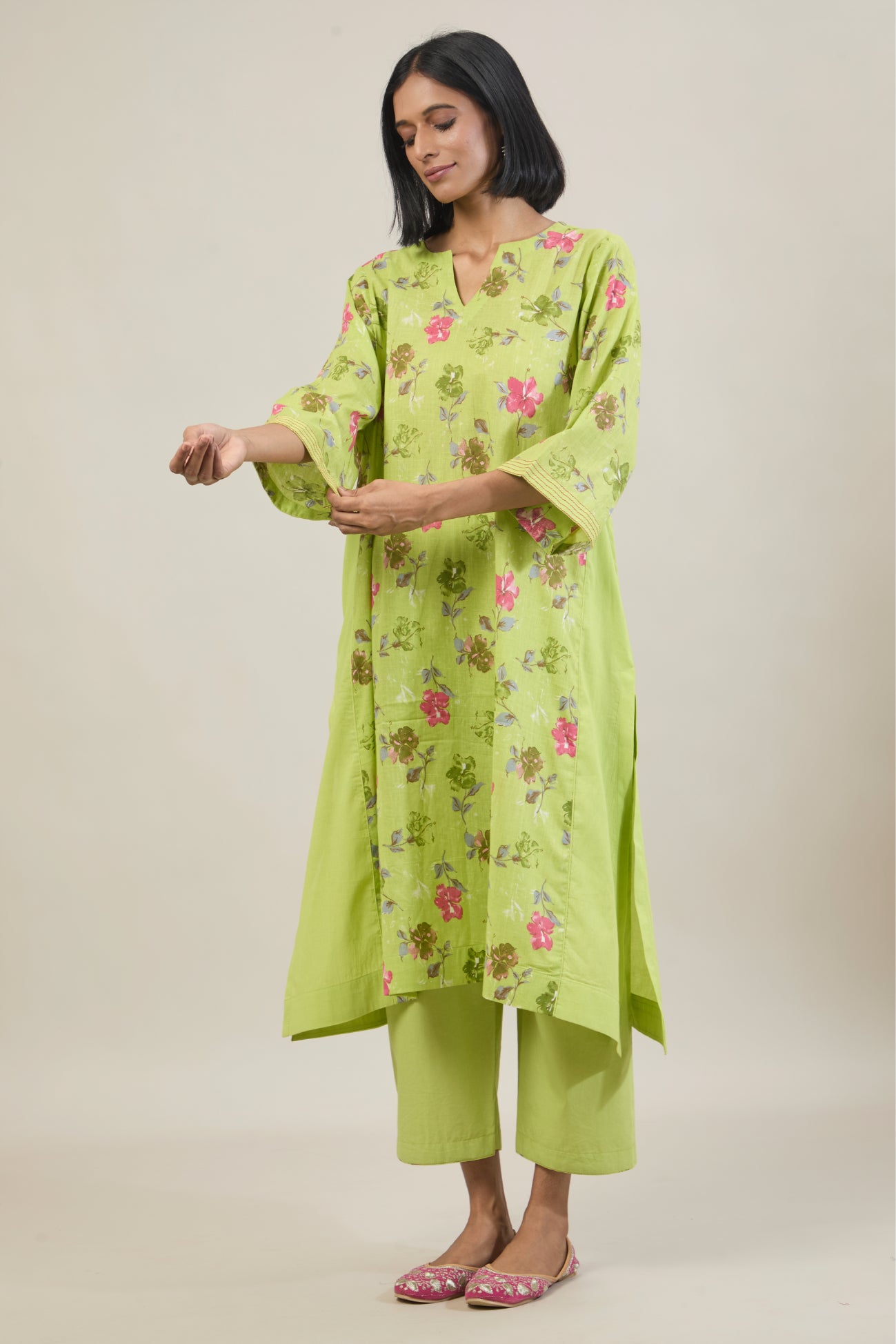 Neer Bright Green Printed Cotton Kali Kurta Set