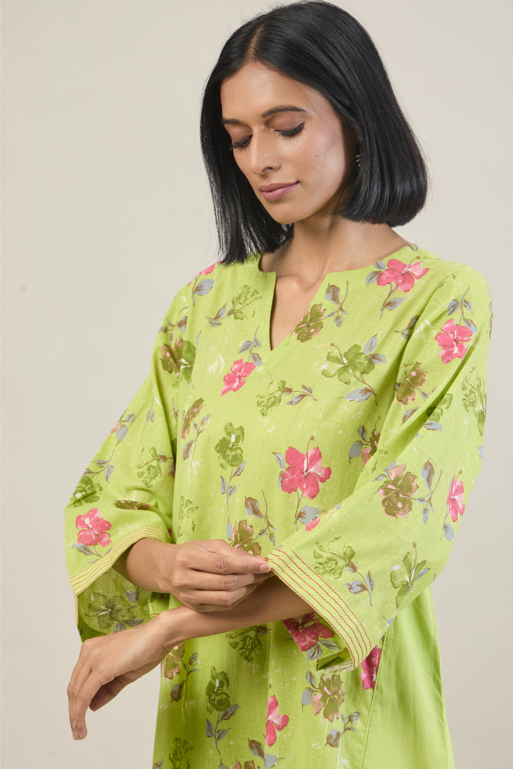 Neer Bright Green Printed Cotton Kali Kurta Set