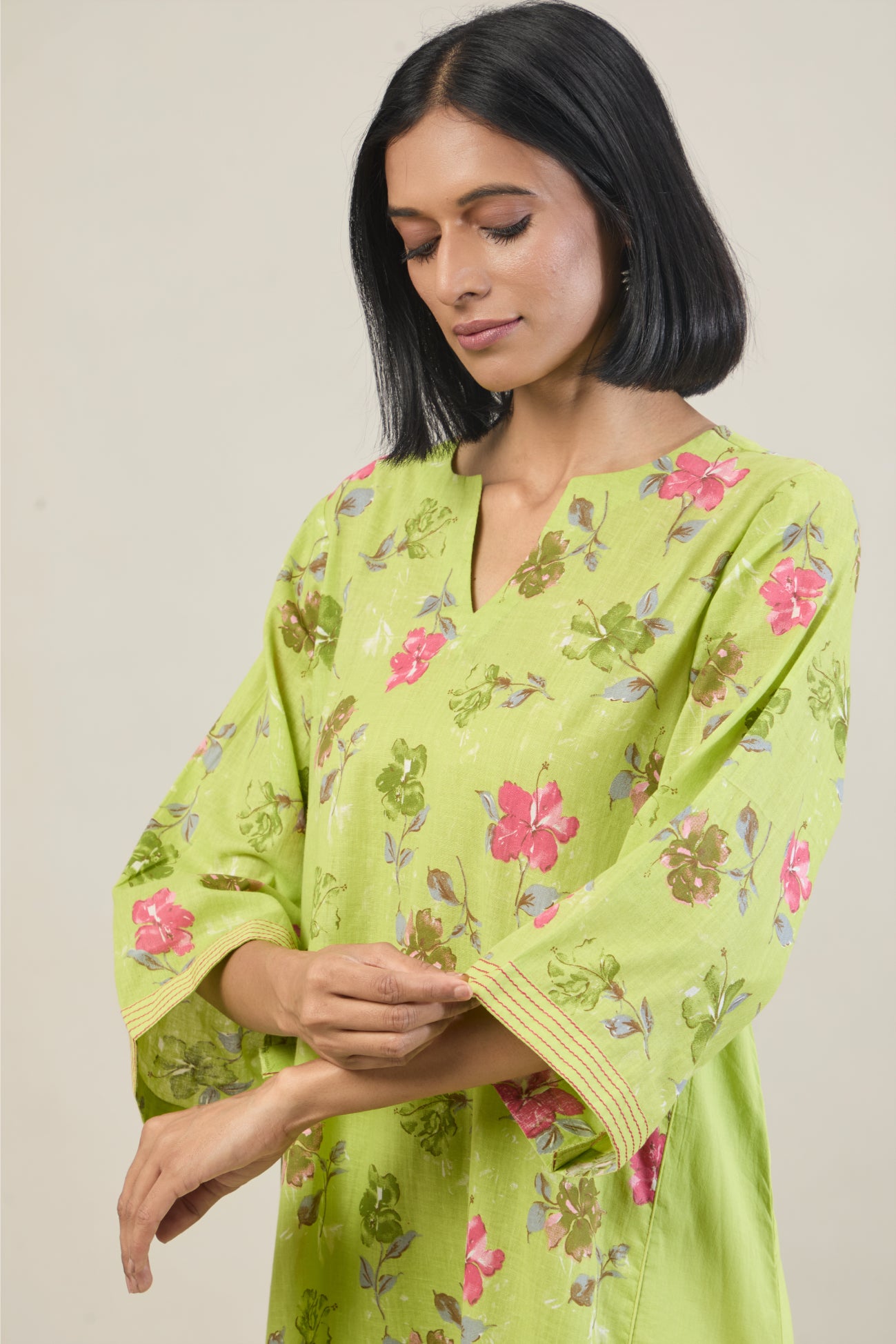 Neer Bright Green Printed Cotton Kali Kurta Set