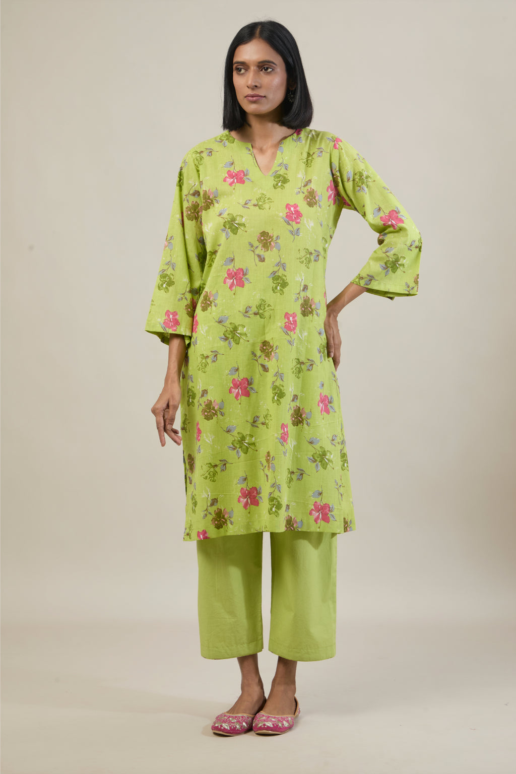 Tana Bright Green Printed Cotton Straight Kurta Set with dupatta