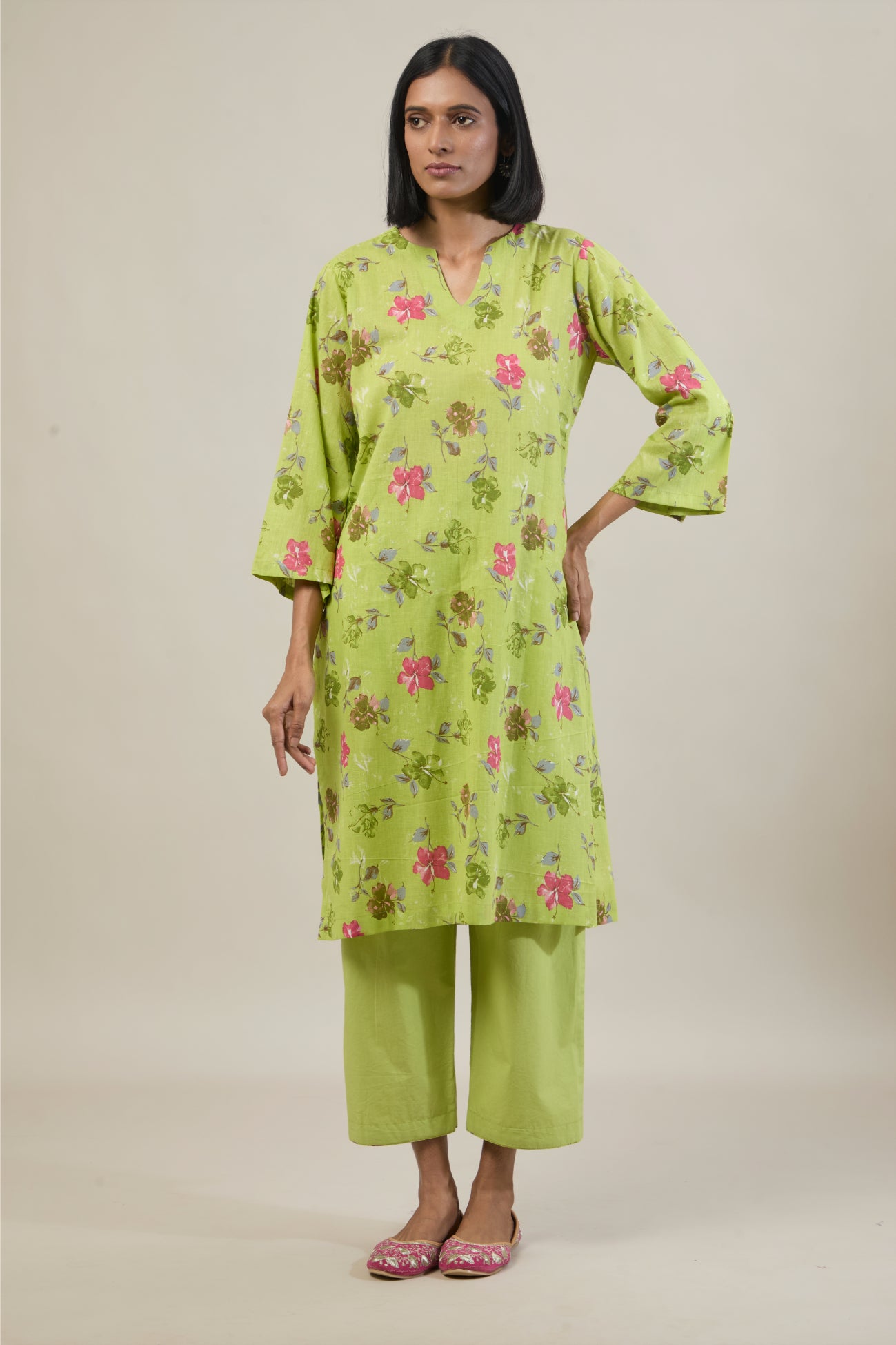 Tana Bright Green Printed Cotton Straight Kurta Set with dupatta