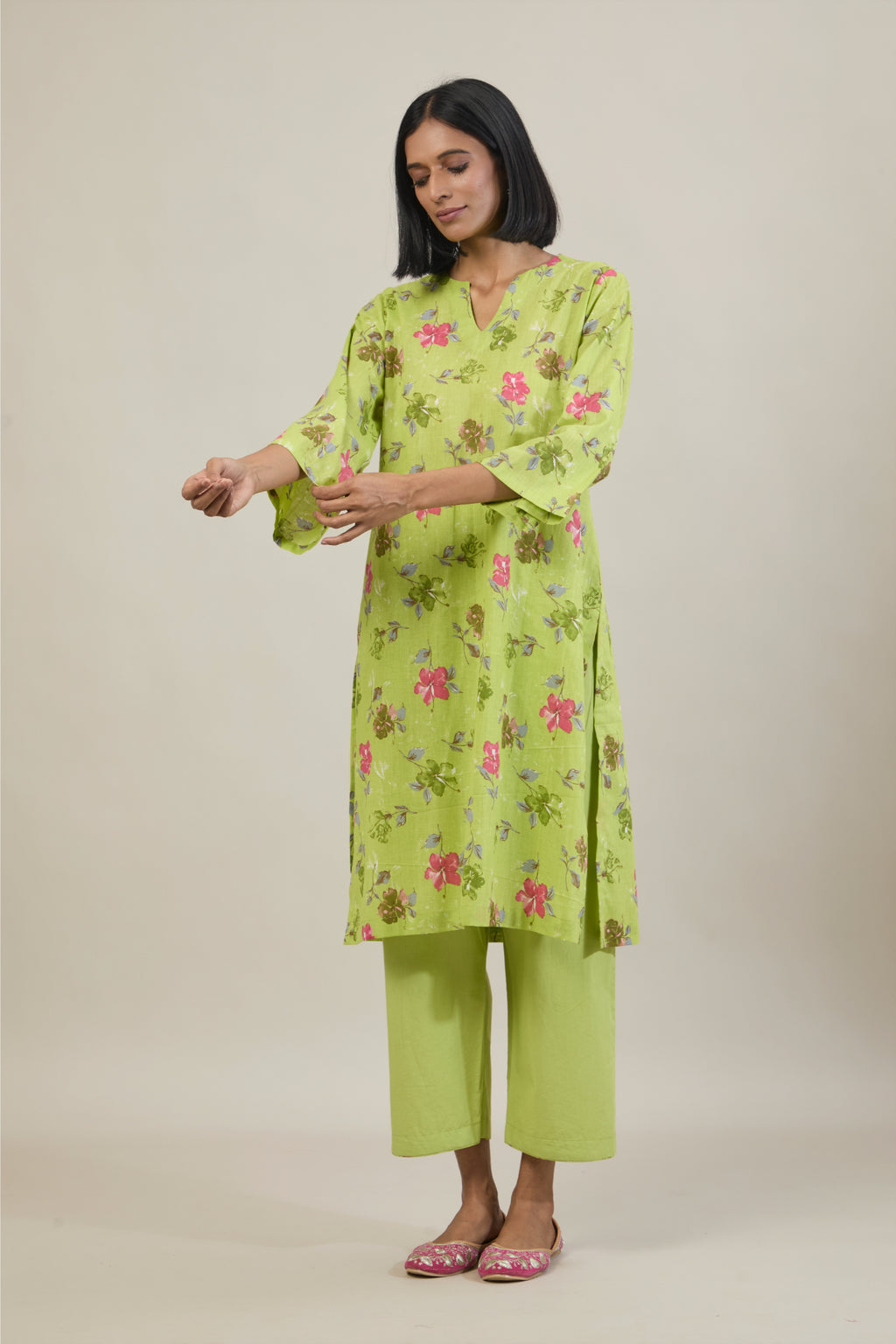 Tana Bright Green Printed Cotton Straight Kurta Set with dupatta